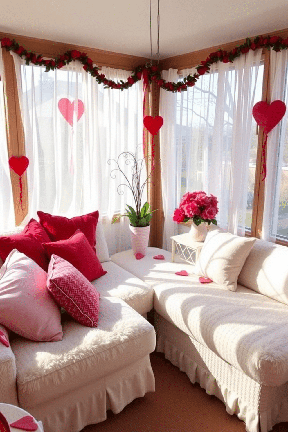 A cozy sunroom adorned for Valentine's Day features a comfortable seating area with a mix of red and pink throw pillows scattered across a plush white sofa. The large windows are draped with sheer curtains that softly filter the sunlight, creating a warm and inviting atmosphere.