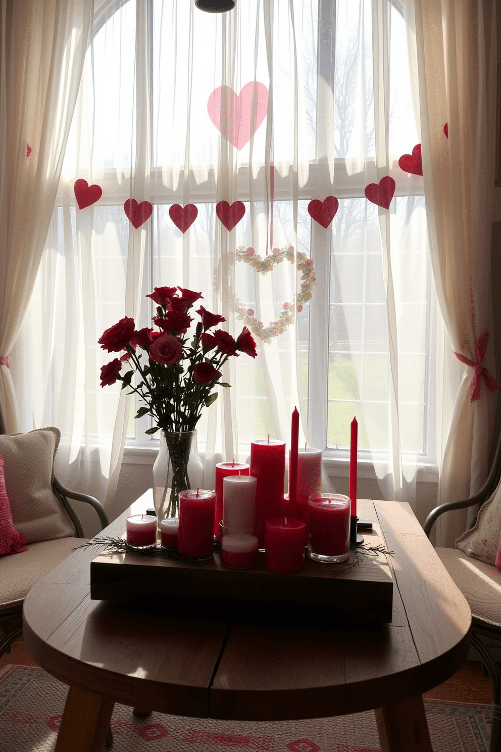 A cozy sunroom adorned for Valentine's Day features a collection of red and white candles arranged on a rustic wooden table. Soft, sheer curtains flutter gently in the breeze, allowing natural light to illuminate the space, creating a warm and inviting atmosphere.