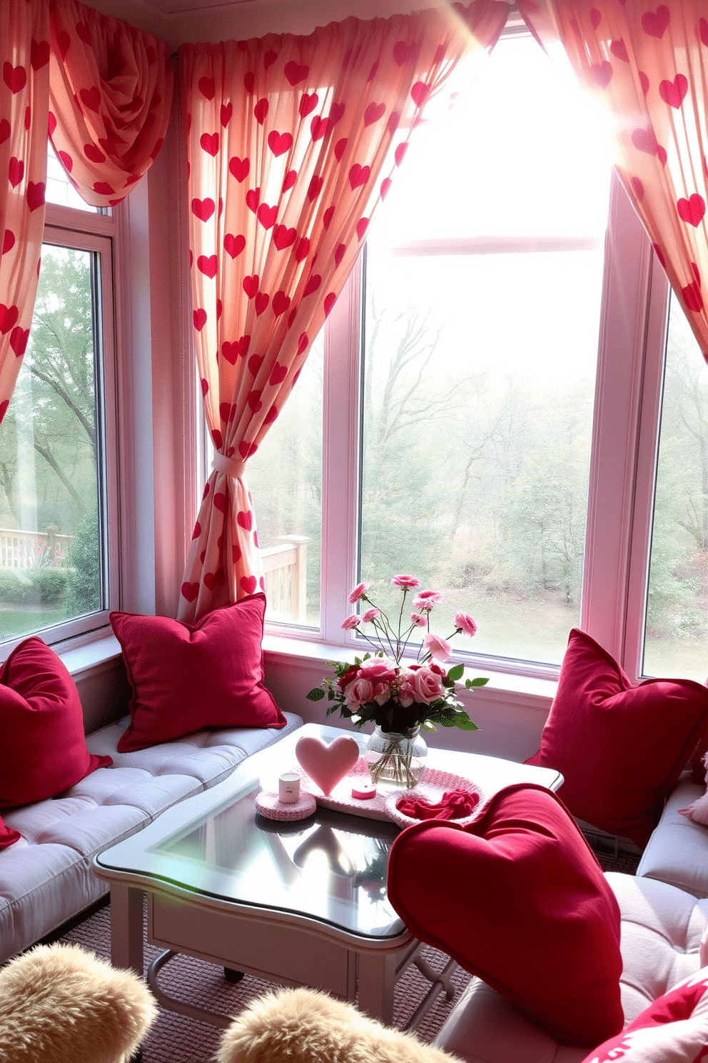 A cozy sunroom adorned with heart-patterned curtains that gently billow in the breeze. The curtains frame large windows, allowing soft natural light to illuminate the space, creating a warm and inviting atmosphere. Scattered throughout the sunroom are plush cushions in shades of red and pink, adding a festive touch for Valentine's Day. A charming coffee table is adorned with heart-shaped decor and fresh flowers, enhancing the romantic ambiance.