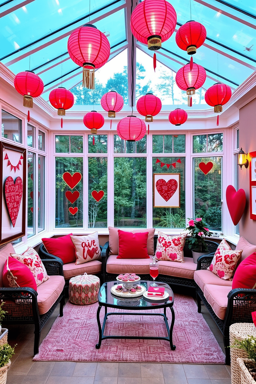 A cozy sunroom adorned with pink and red lanterns hanging from the ceiling, casting a warm glow throughout the space. The walls are decorated with heart-themed artwork, and plush seating is arranged around a small coffee table topped with festive treats.