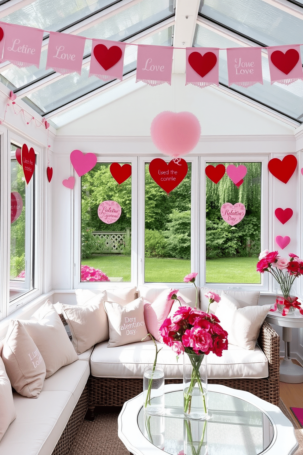 A charming sunroom decorated for Valentine's Day. Soft pink and red banners hang from the ceiling, adorned with heart motifs and romantic messages, creating a festive atmosphere. The sunroom features a cozy seating area with plush cushions in pastel shades. Fresh flowers in heart-shaped vases are placed on the coffee table, enhancing the romantic vibe of the space.