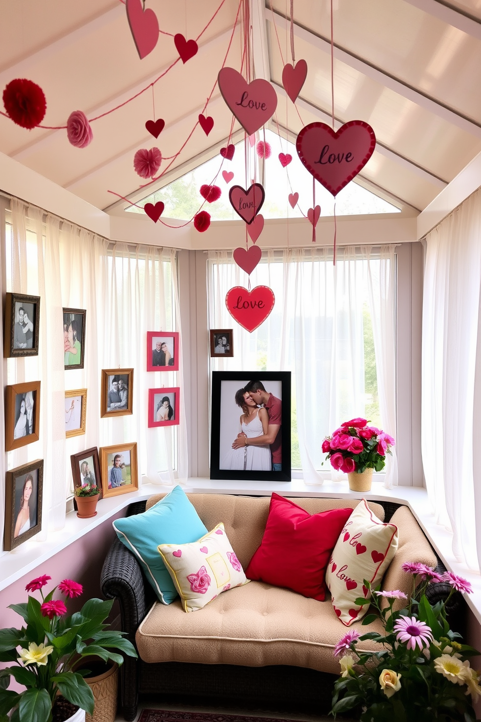 A cozy sunroom adorned with love-themed photo frames showcasing cherished memories. The walls are painted in soft pastels, and natural light filters through sheer curtains, creating a warm and inviting atmosphere. A charming display of heart-shaped decorations hangs from the ceiling, while a plush seating area features colorful throw pillows. Potted plants and fresh flowers add a touch of romance, enhancing the Valentine's Day theme throughout the space.