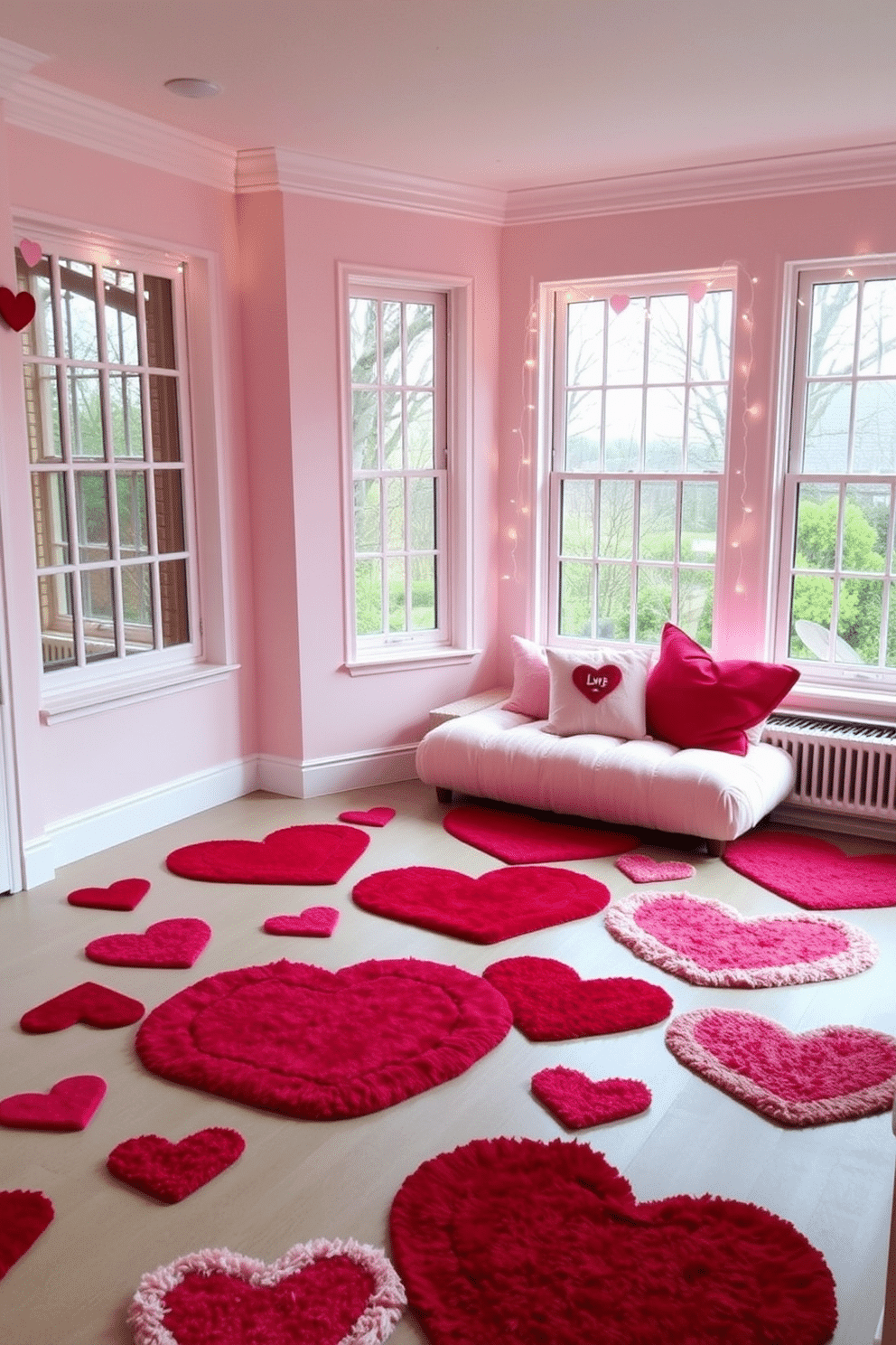 A cozy sunroom adorned with heart-shaped rugs in various sizes scattered across the floor. The walls are painted in soft pastels, and large windows allow natural light to flood the space, creating a warm and inviting atmosphere for Valentine's Day. In one corner, a comfortable seating area features plush cushions in shades of pink and red, complemented by decorative throw pillows with heart motifs. Delicate fairy lights are draped along the window frames, adding a whimsical touch to the romantic setting.