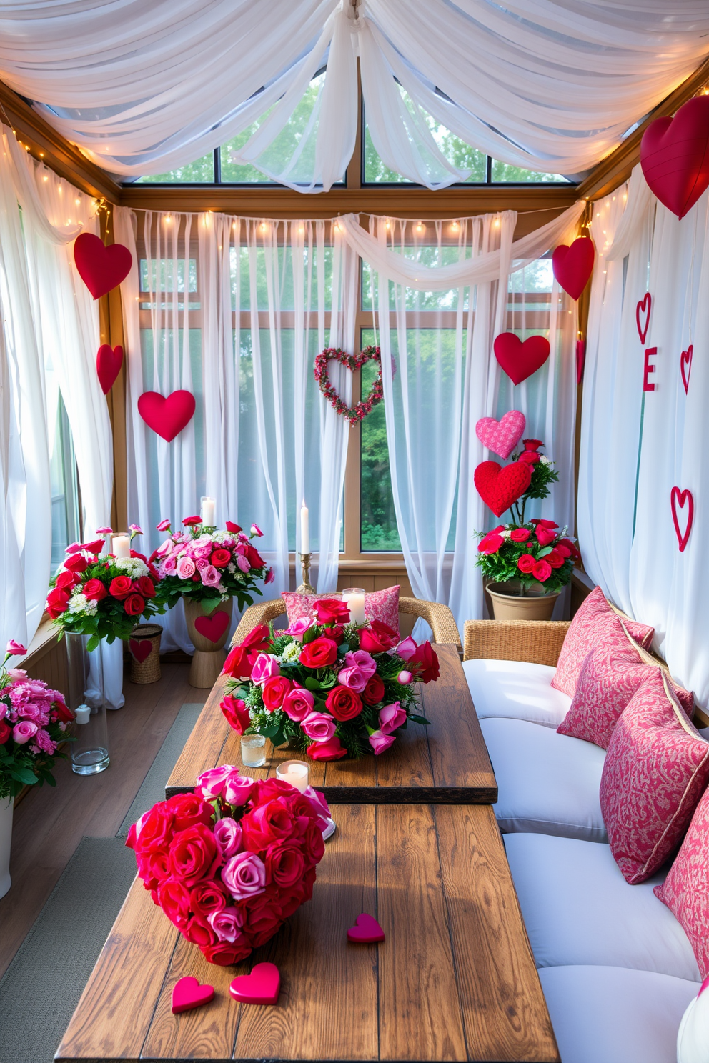 A romantic sunroom filled with vibrant Valentine's Day floral arrangements. A large wooden table is adorned with an elegant centerpiece of red and pink roses, surrounded by candles and delicate fairy lights. The walls are draped with sheer white curtains that flutter gently in the breeze. Cozy seating areas with plush cushions invite relaxation, while heart-shaped decorations add a festive touch to the space.