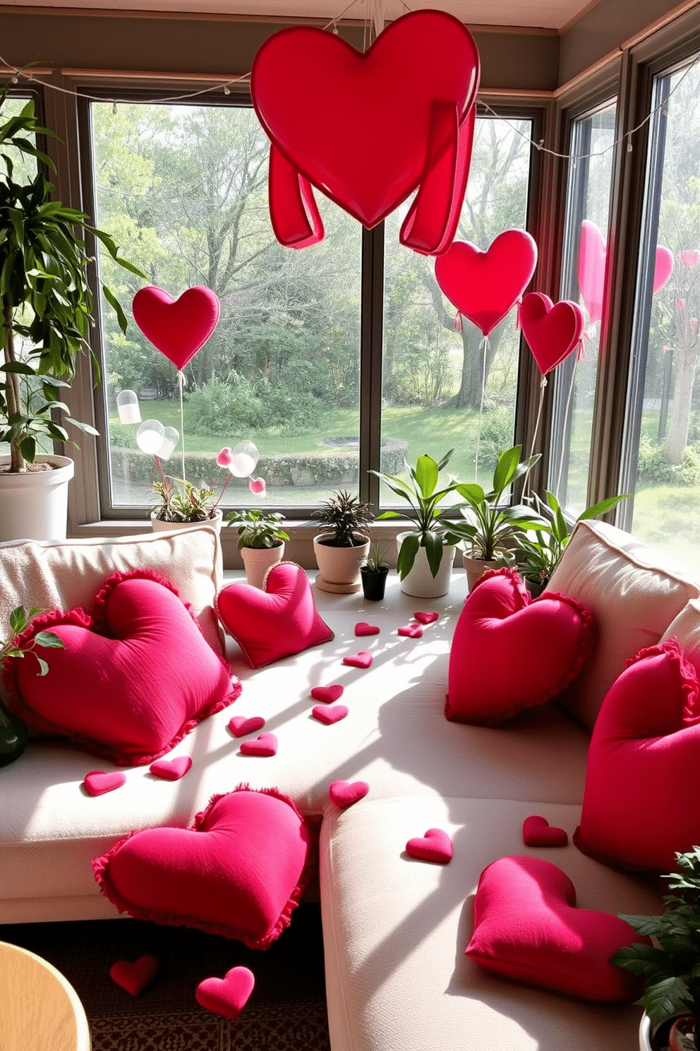 A cozy sunroom adorned for Valentine's Day, featuring heart-shaped accent pillows in shades of red and pink scattered across a plush, neutral-colored sofa. Sunlight streams through large windows, illuminating the space filled with potted plants and delicate string lights, creating a warm and inviting atmosphere.