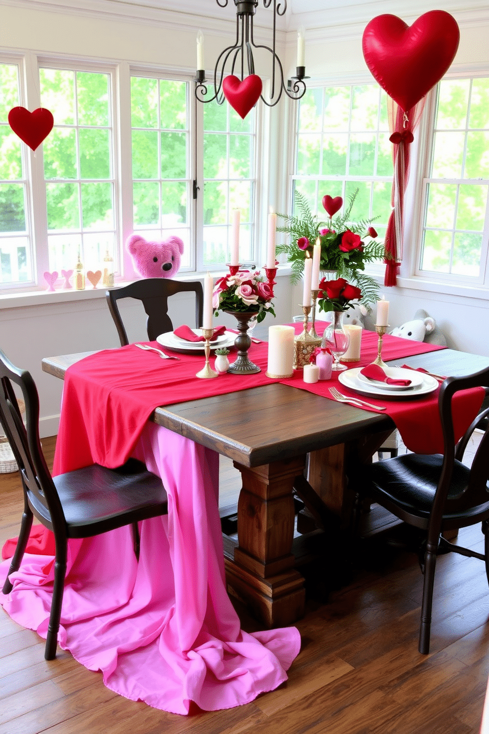 A charming sunroom decorated for Valentine's Day features a vibrant red and pink tablecloth draped elegantly over a rustic wooden dining table. The table is adorned with heart-shaped candles, delicate floral arrangements, and playful accents that evoke a romantic atmosphere.