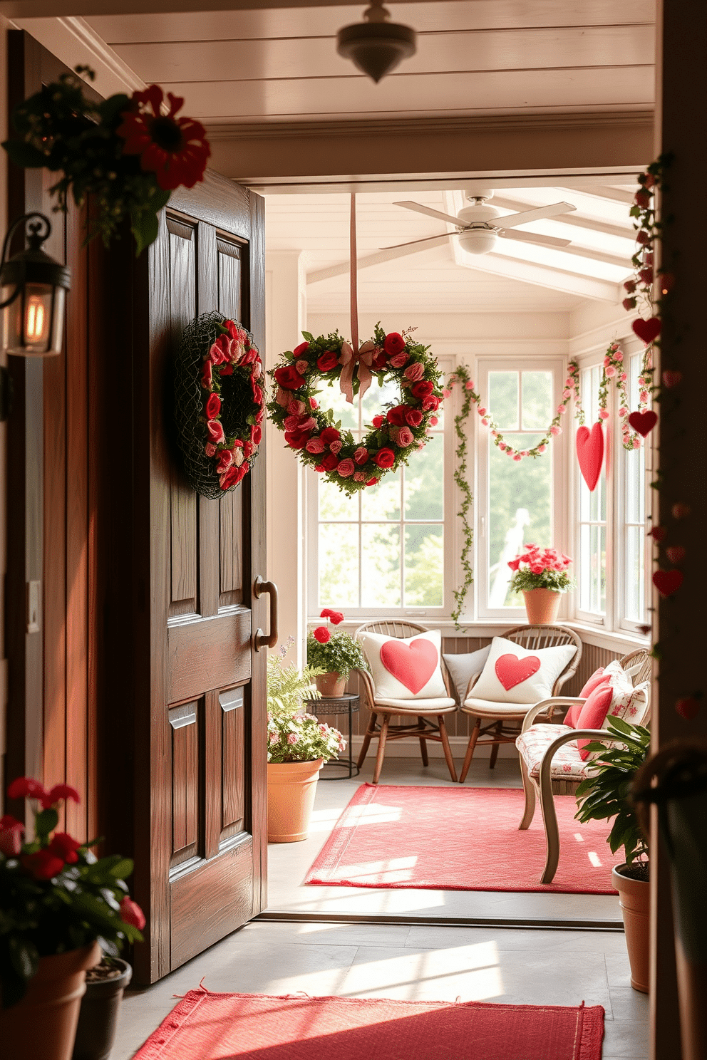 A charming entryway features a heart-shaped wreath adorned with red and pink flowers, hanging gracefully on a rustic wooden door. The surrounding area is decorated with soft, ambient lighting and potted plants, creating a warm and inviting atmosphere. Inside the sunroom, festive Valentine's Day decorations bring a touch of romance, with heart-shaped pillows on the seating and delicate garlands draped across the windows. The space is filled with natural light, highlighting the cheerful colors and creating a cozy nook perfect for relaxation and celebration.