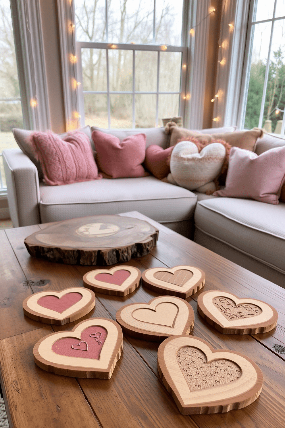 Heart-themed coasters made of natural wood, intricately carved with delicate heart patterns, are scattered across a rustic wooden coffee table. Each coaster features a unique design, showcasing a blend of craftsmanship and romantic flair, perfect for a cozy gathering. The sunroom is adorned with soft pastel colors, featuring heart-shaped throw pillows on a plush seating arrangement. Delicate fairy lights are draped around the windows, creating a warm and inviting atmosphere for Valentine's Day celebrations.