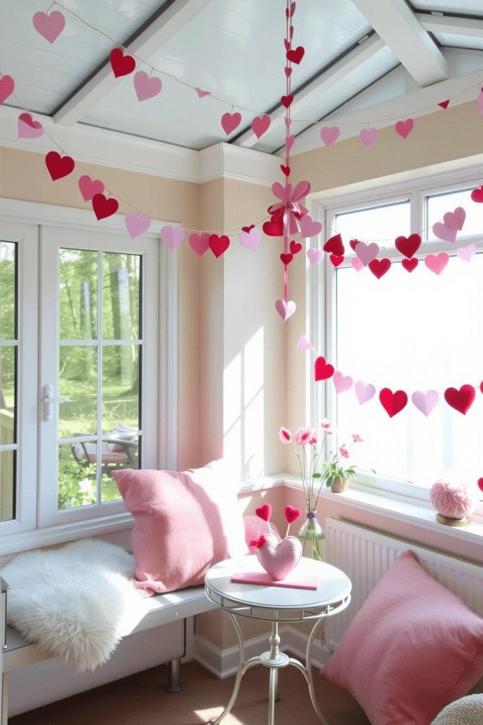 A charming sunroom adorned for Valentine's Day, featuring delicate bunting made of pink and red hearts strung across the ceiling. Soft, natural light filters through large windows, illuminating a cozy seating area with plush cushions and a small table set with heart-themed decor.