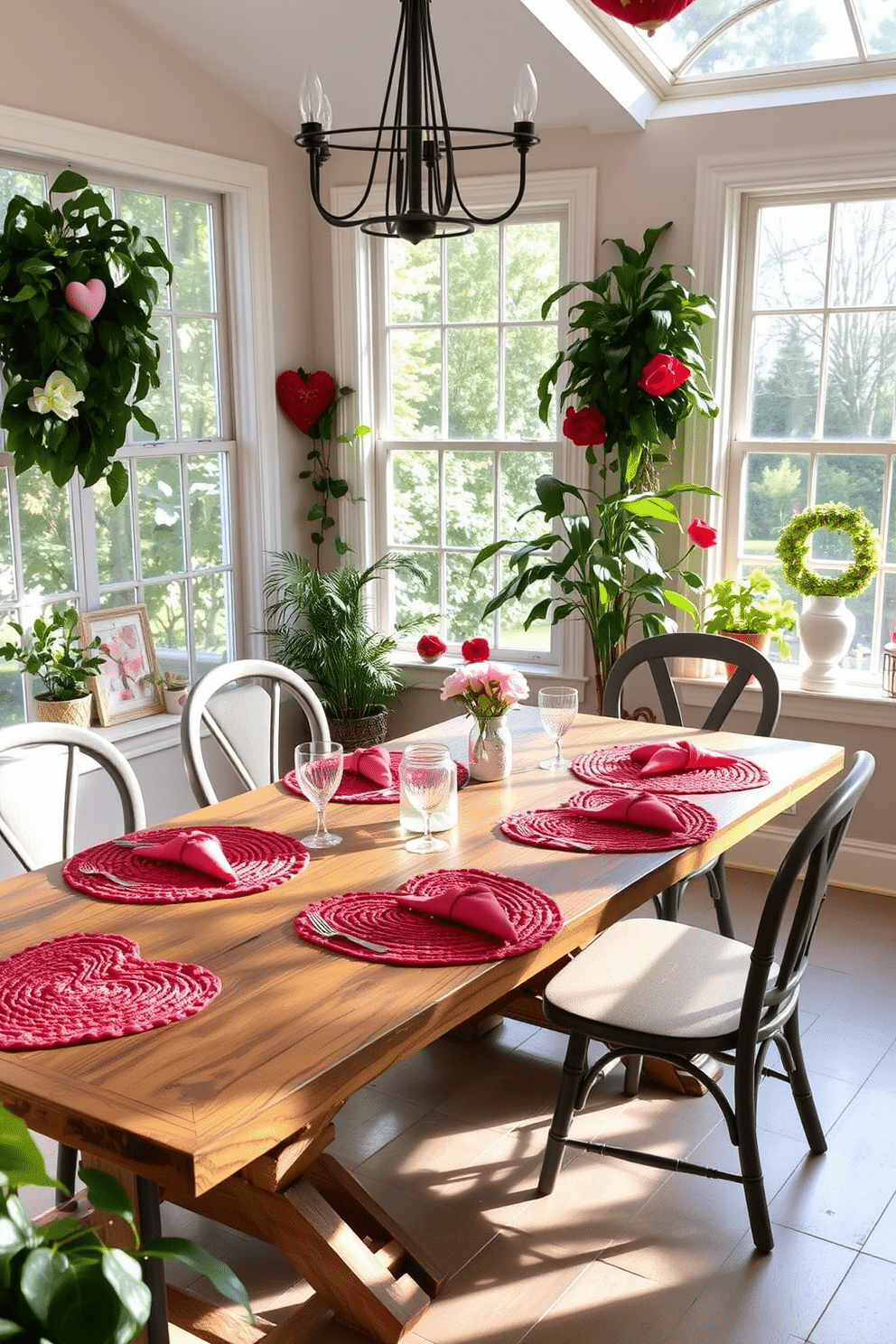 A cozy sunroom adorned for Valentine's Day features heart-shaped placemats elegantly arranged on a rustic wooden table. Soft, natural light filters through large windows, illuminating the space filled with lush greenery and romantic decor accents.