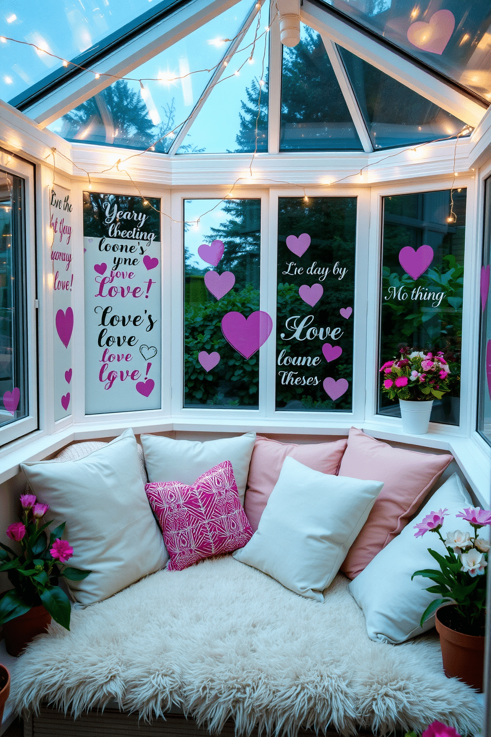 A cozy sunroom adorned with love-themed wall decals that feature romantic quotes and heart designs. Soft, pastel-colored cushions are scattered on a plush seating area, creating an inviting atmosphere perfect for relaxation and connection. Delicate fairy lights drape across the ceiling, adding a warm glow to the space. Potted plants and fresh flowers are strategically placed to enhance the cheerful, romantic vibe for Valentine's Day.