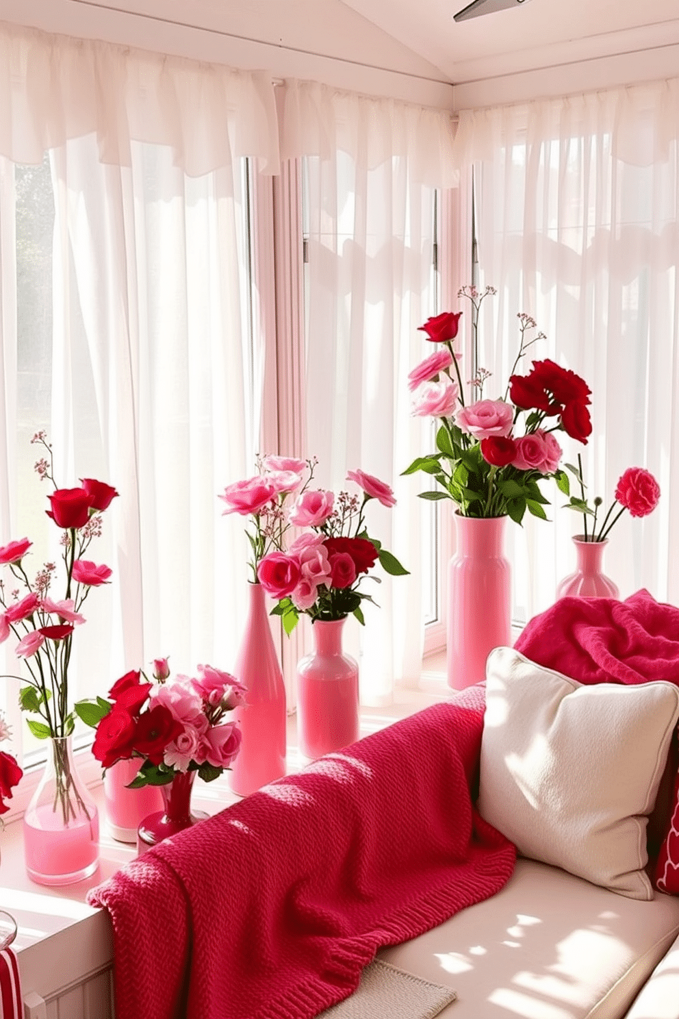 A cozy sunroom adorned for Valentine's Day features a collection of pink and red vases, each filled with fresh flowers that evoke romance and warmth. Soft, natural light filters through sheer curtains, illuminating a comfortable seating area with plush cushions and a heart-themed throw blanket.