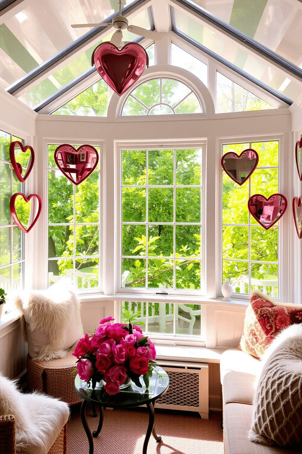 A sunroom filled with natural light features heart-shaped mirrors adorning the walls, reflecting the vibrant greenery outside. Cozy seating with plush cushions is arranged around a small coffee table, decorated with pink and red flowers in celebration of Valentine's Day.