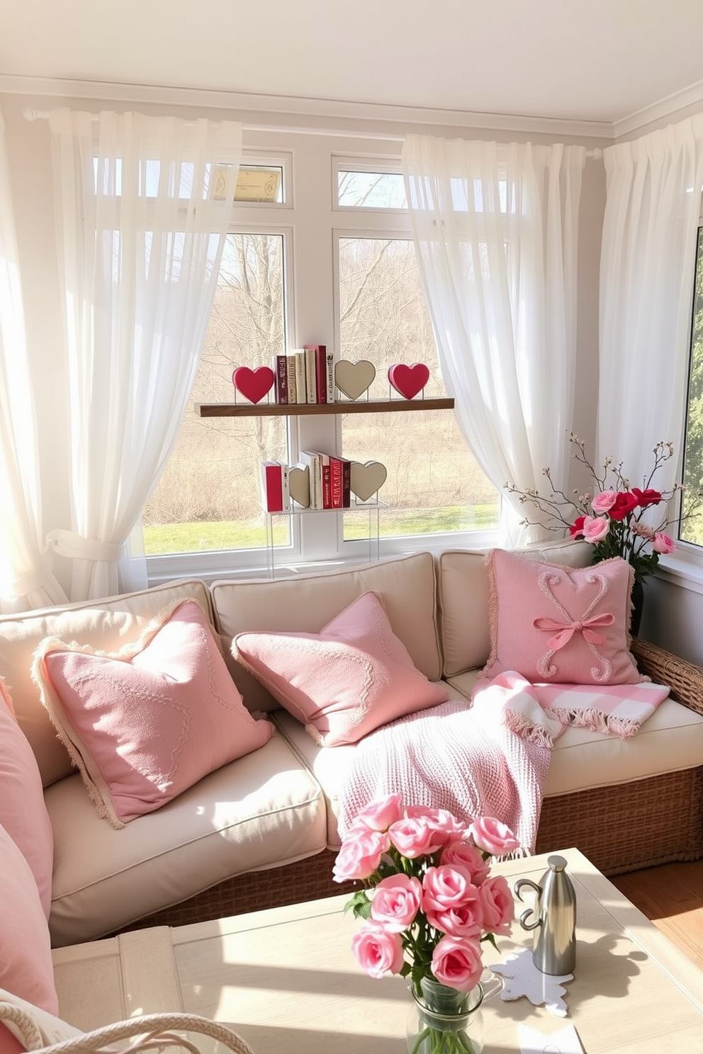 A cozy sunroom adorned for Valentine's Day features a collection of heart-themed books artfully arranged on a rustic wooden shelf. Soft, pastel-colored cushions and throws are scattered across a comfortable seating area, inviting relaxation and romance. The windows are draped with sheer white curtains that gently filter the sunlight, creating a warm and inviting atmosphere. Delicate floral arrangements in pink and red hues are placed on the coffee table, enhancing the festive theme.