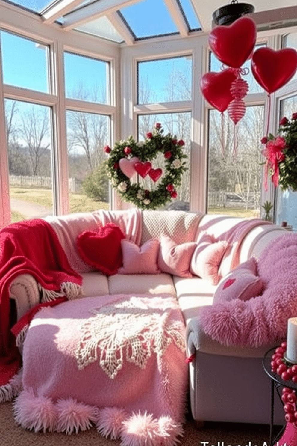 A cozy sunroom adorned for Valentine's Day, featuring a collection of pink and red blankets draped over a plush, oversized sofa. The walls are lined with large windows, allowing natural light to pour in, while heart-shaped pillows and romantic candle arrangements add a festive touch.