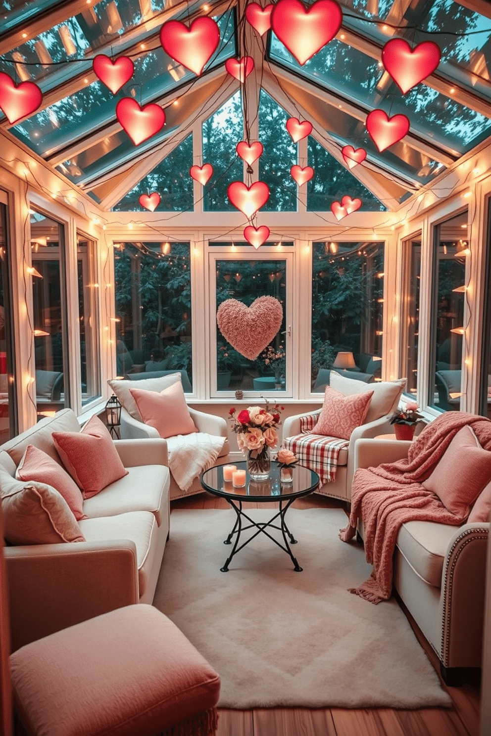 A cozy sunroom adorned with heart-shaped string lights, casting a warm and inviting glow throughout the space. The walls are lined with large windows, allowing natural light to flood in, while plush seating areas are decorated with soft, pastel-colored cushions and throws for a romantic touch. In the center, a small table is set with a charming floral arrangement and heart-themed decorations, creating an intimate atmosphere perfect for Valentine's Day. The floor is covered with a light, airy rug that complements the overall color scheme, enhancing the cozy vibe of this love-inspired retreat.