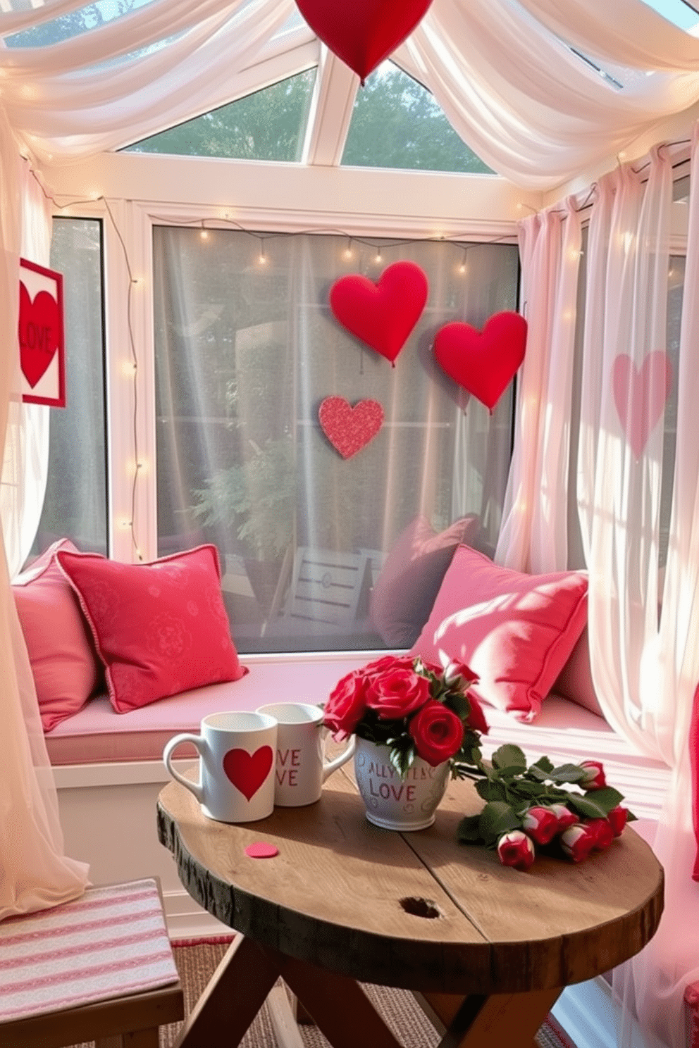 A cozy sunroom adorned with Valentine's Day decorations. The space features a charming seating area with plush cushions in shades of pink and red, surrounded by heart-themed wall art and twinkling fairy lights. On a rustic wooden table, a pair of whimsical mugs decorated with love motifs sit next to a bouquet of fresh roses. Soft, sheer curtains flutter gently in the breeze, allowing natural light to fill the room and enhance the romantic atmosphere.