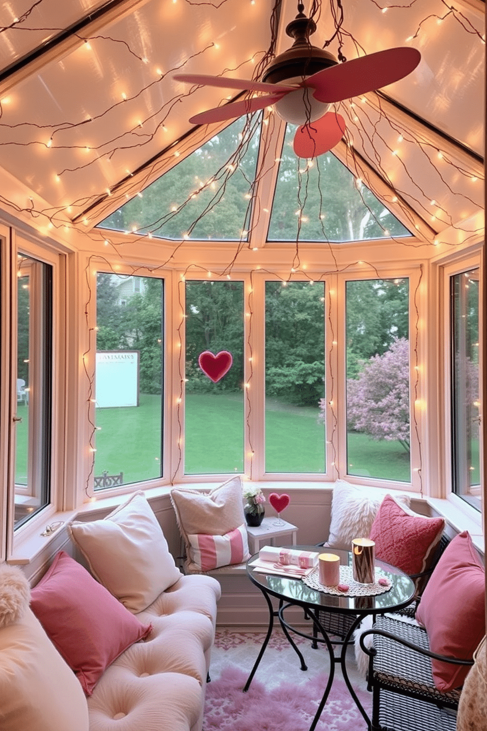 A cozy sunroom adorned with romantic fairy lights draped across the ceiling, creating a warm and inviting atmosphere. Plush seating with soft cushions in shades of pink and cream invites relaxation, while a small table is set with heart-themed decorations for a Valentine's Day celebration.