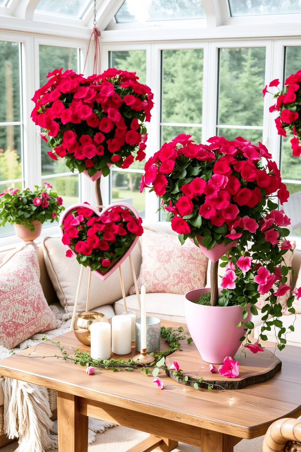 A cozy sunroom filled with heart-shaped planters overflowing with vibrant red and pink flowers. Soft, natural light filters through large windows, illuminating a comfortable seating area adorned with plush cushions and decorative throws for a romantic Valentine’s Day ambiance. The heart-shaped planters are arranged on a rustic wooden table, surrounded by candles and delicate fairy lights. Lush greenery cascades from the planters, creating a warm and inviting atmosphere perfect for celebrating love.