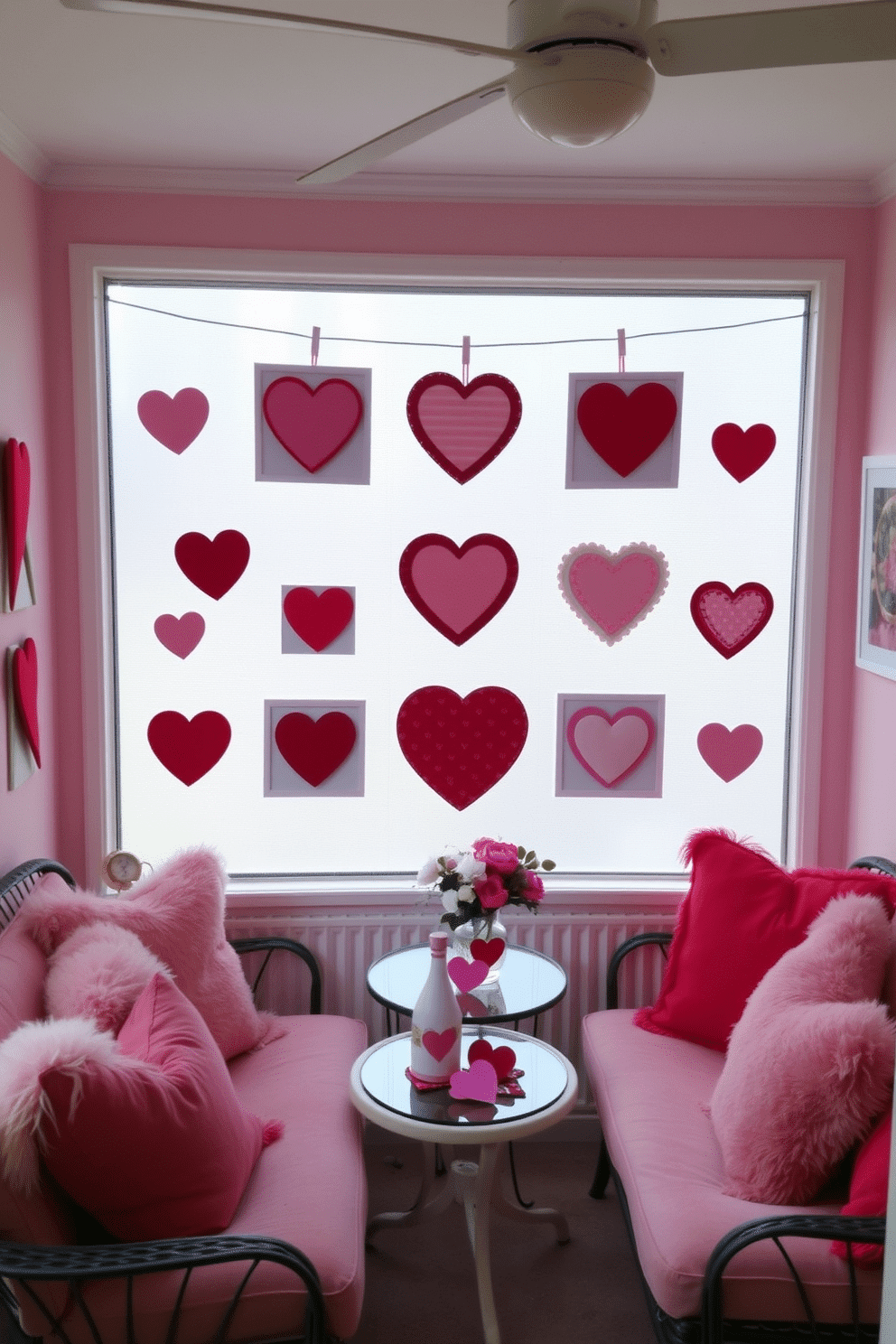 A charming sunroom adorned with Valentine-themed wall art. Heart-shaped prints in various sizes hang against soft pastel walls, creating a romantic ambiance. Cozy seating arrangements feature plush cushions in shades of pink and red, inviting relaxation. A small table is set with heart-shaped decorations and a vase of fresh flowers, enhancing the festive atmosphere.