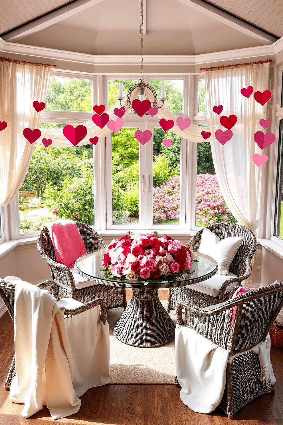 A stunning sunroom adorned for Valentine's Day features a large, round table at the center, topped with a lush rose bouquet centerpiece in varying shades of pink and red. Surrounding the table are comfortable wicker chairs, draped with soft, pastel-colored throws, creating an inviting atmosphere filled with natural light. The walls are adorned with heart-shaped garlands made of paper and twinkling fairy lights, adding a whimsical touch to the space. Soft, sheer curtains flutter gently in the breeze, framing the large windows that overlook a blooming garden, enhancing the romantic ambiance.