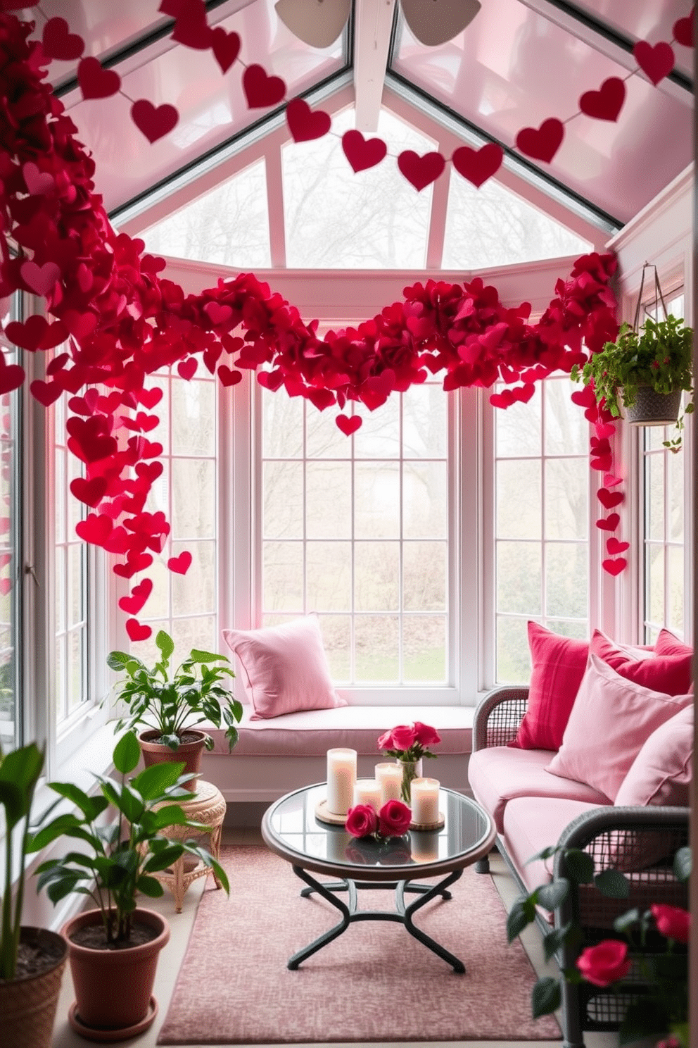 A charming sunroom adorned with a heart garland that drapes gracefully across the large windows, allowing soft natural light to filter in. The space is filled with cozy seating, featuring plush cushions in shades of pink and red, creating a romantic atmosphere perfect for Valentine's Day. In the corners, potted plants add a touch of greenery, complementing the festive decor. A small coffee table is set with heart-themed decorations, including candles and a vase of fresh roses, enhancing the inviting ambiance.