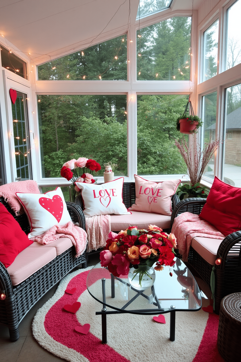 A cozy sunroom adorned with love-themed cushions in various shades of red and pink. The cushions are arranged on a comfortable wicker sofa, complemented by soft throw blankets and a heart-shaped rug beneath a glass coffee table. Delicate string lights hang from the ceiling, casting a warm glow throughout the space. Fresh flowers in vibrant hues are placed on the table, enhancing the romantic ambiance perfect for Valentine's Day celebrations.