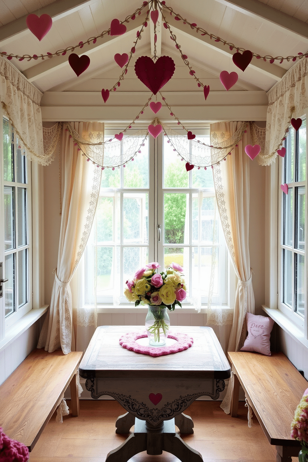 A charming sunroom adorned with vintage heart decorations. Delicate lace curtains frame the windows, allowing soft, natural light to filter in, while heart-shaped garlands hang from the ceiling, creating a romantic atmosphere. A rustic wooden table is set in the center, decorated with a vintage tablecloth featuring heart motifs. Fresh flowers in pastel shades are arranged in a heart-shaped vase, adding a touch of color and warmth to the space.