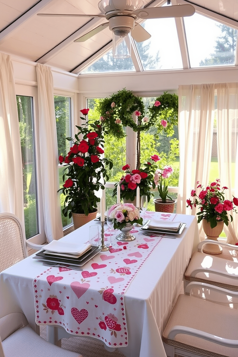 A romantic sunroom setting for Valentine's Day, featuring a delicate table runner adorned with hearts and floral patterns. The table is set for two, with elegant dinnerware and soft candlelight creating an intimate atmosphere. Surrounding the table, the sunroom is filled with lush greenery and colorful blooms, enhancing the festive mood. Soft, sheer curtains flutter gently in the breeze, allowing warm sunlight to filter through and illuminate the space.