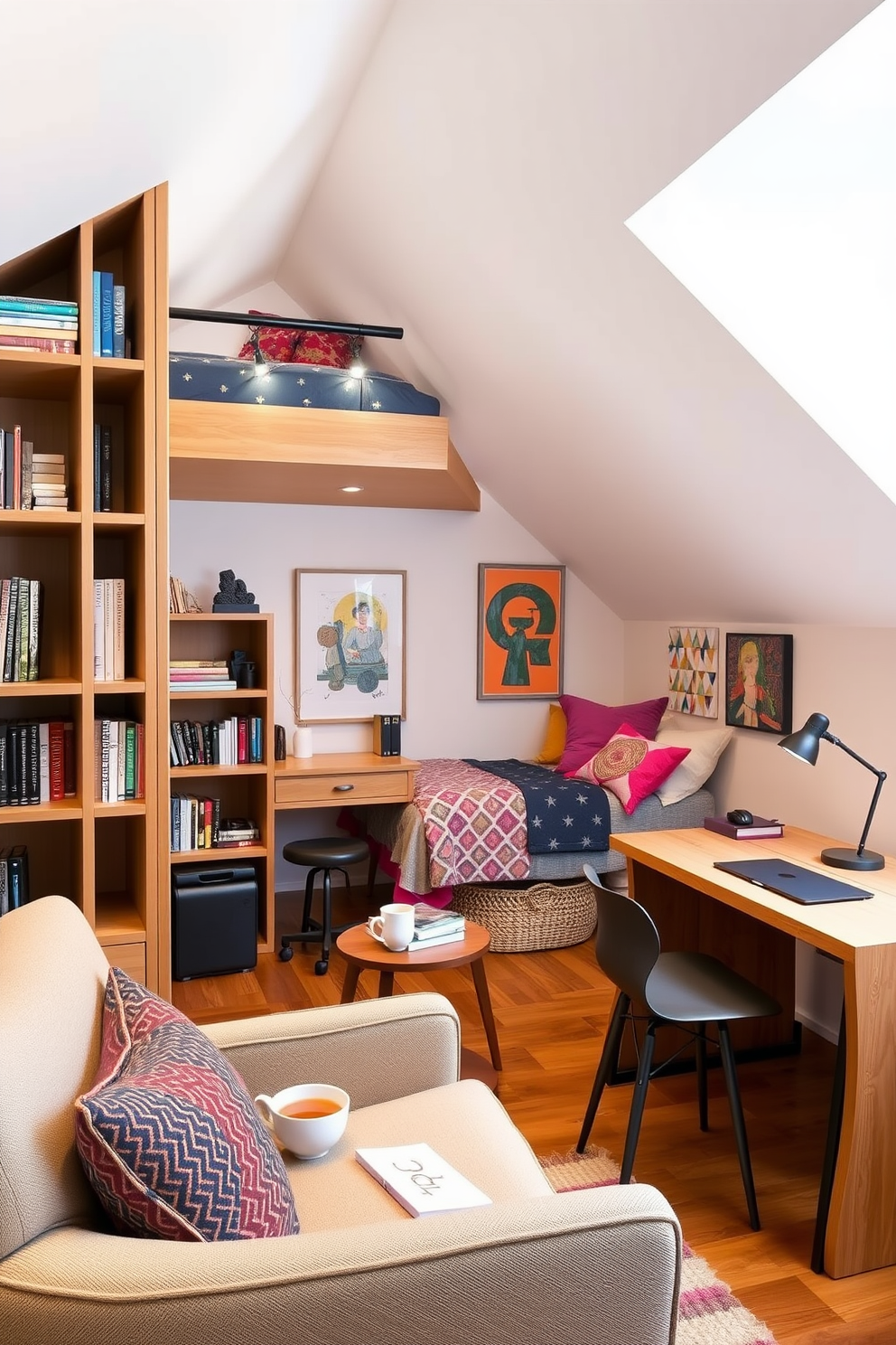 Cozy reading nook with built-in shelves. The nook features a plush armchair in a soft fabric, accompanied by a small side table holding a steaming cup of tea. Teenager Attic Room Design Ideas. The space includes a stylish loft bed with colorful bedding, a study desk with a modern chair, and vibrant wall art that reflects the teenager's personality.