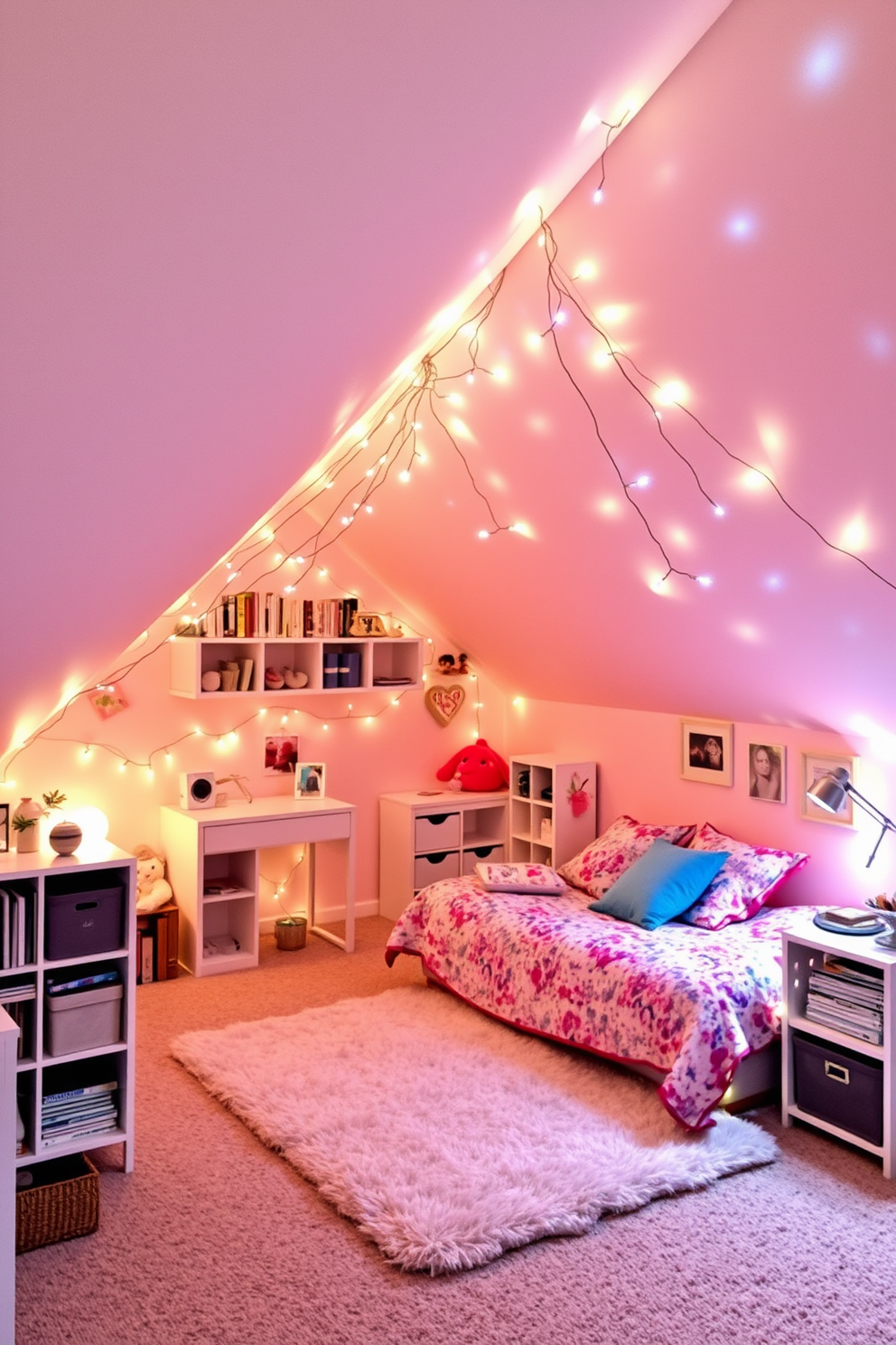 A cozy teenager's attic room filled with whimsical fairy lights that create a magical ambiance. The walls are adorned with soft pastels, and a comfortable bed is nestled in one corner, draped with colorful bedding and surrounded by plush cushions. A study nook with a small desk sits under a sloped ceiling, illuminated by a string of fairy lights. The floor is carpeted with a soft rug, and shelves filled with books and personal mementos add a touch of personality to the space.