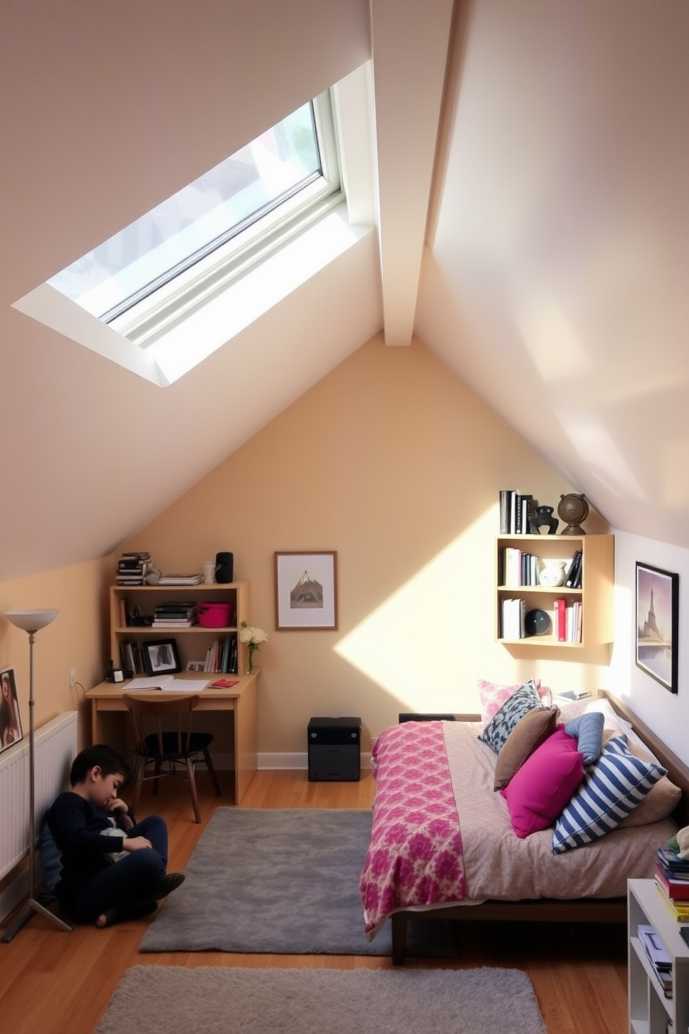 A cozy teenager's attic room featuring a sloped ceiling that enhances the space's charm. A large skylight allows natural light to flood the room, creating an airy atmosphere. The room is furnished with a stylish bed against the angled wall, complemented by colorful bedding and plush pillows. A small desk is positioned near the skylight, perfect for studying, with shelves filled with books and personal mementos.