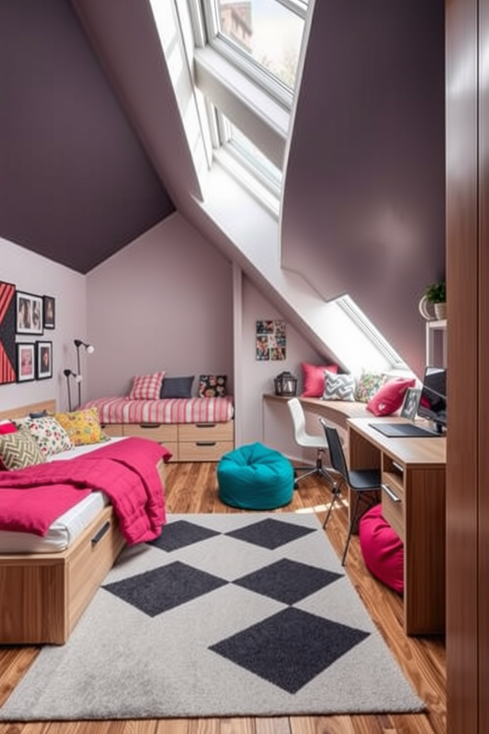 A stylish teenager's attic room featuring multi-functional furniture that maximizes space. The bed doubles as a sofa during the day, while a sleek desk with built-in storage is placed under a sloped ceiling, complemented by colorful bean bags for casual seating. The walls are adorned with vibrant artwork, and a cozy reading nook is created by a window seat with plush cushions. Natural light floods the room through skylights, illuminating a modern rug that ties the space together.