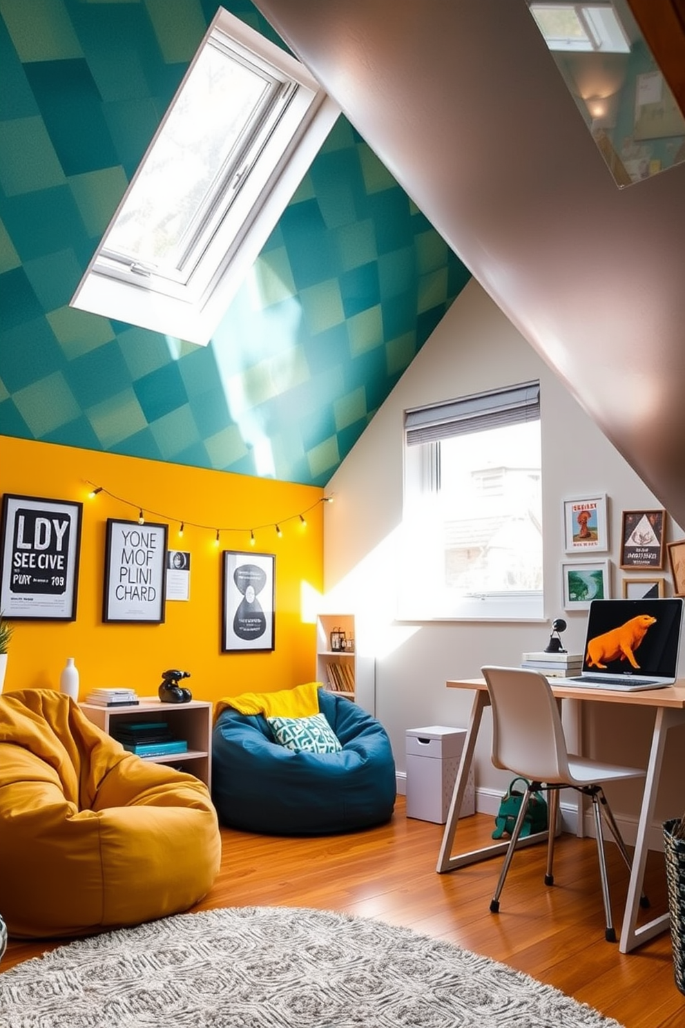 A vibrant teenager's attic room featuring a bold accent wall adorned with geometric wallpaper in shades of teal and mustard. The space is filled with cozy furnishings, including a plush bean bag chair and a sleek desk, creating a perfect study and relaxation area. Natural light floods the room through a skylight, highlighting the eclectic decor, including framed posters and string lights that add a playful touch. The flooring is a warm wooden finish, complemented by a soft area rug to create a comfortable and inviting atmosphere.