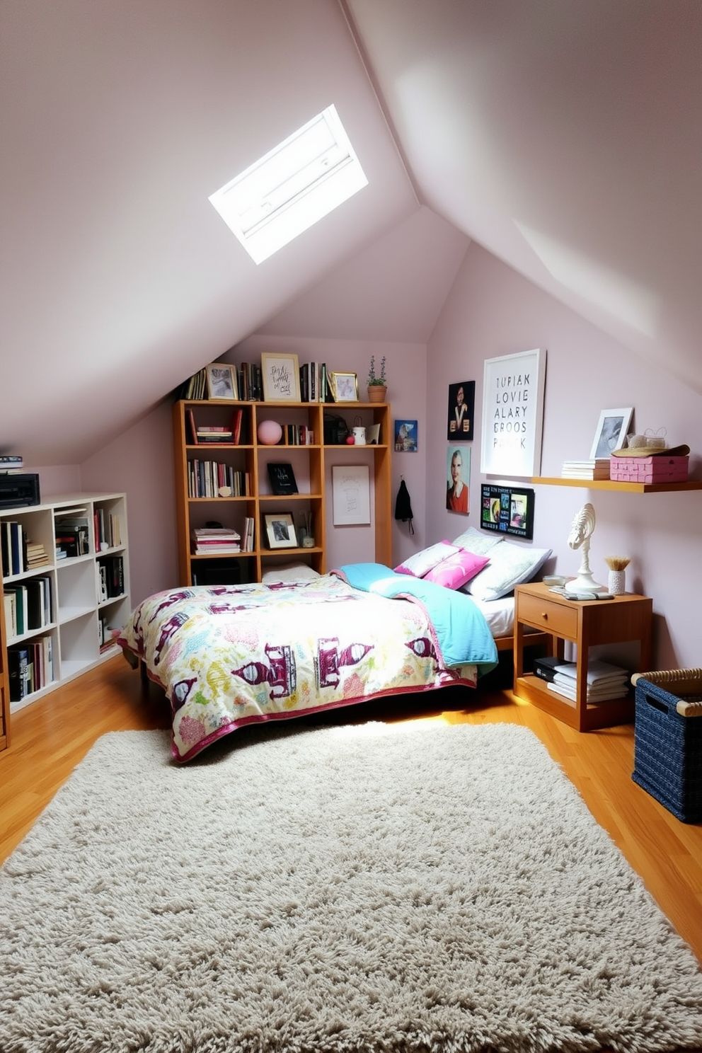 A cozy teenager's attic room features a plush area rug that defines the sleeping area, providing warmth and comfort underfoot. The room is adorned with sloped ceilings and skylights, allowing natural light to flood in and create an inviting atmosphere. The bed is positioned against the wall, layered with colorful bedding that reflects the teenager's personality. Surrounding the sleeping area are shelves filled with books, personal mementos, and decorative items, adding character and a sense of individuality to the space.