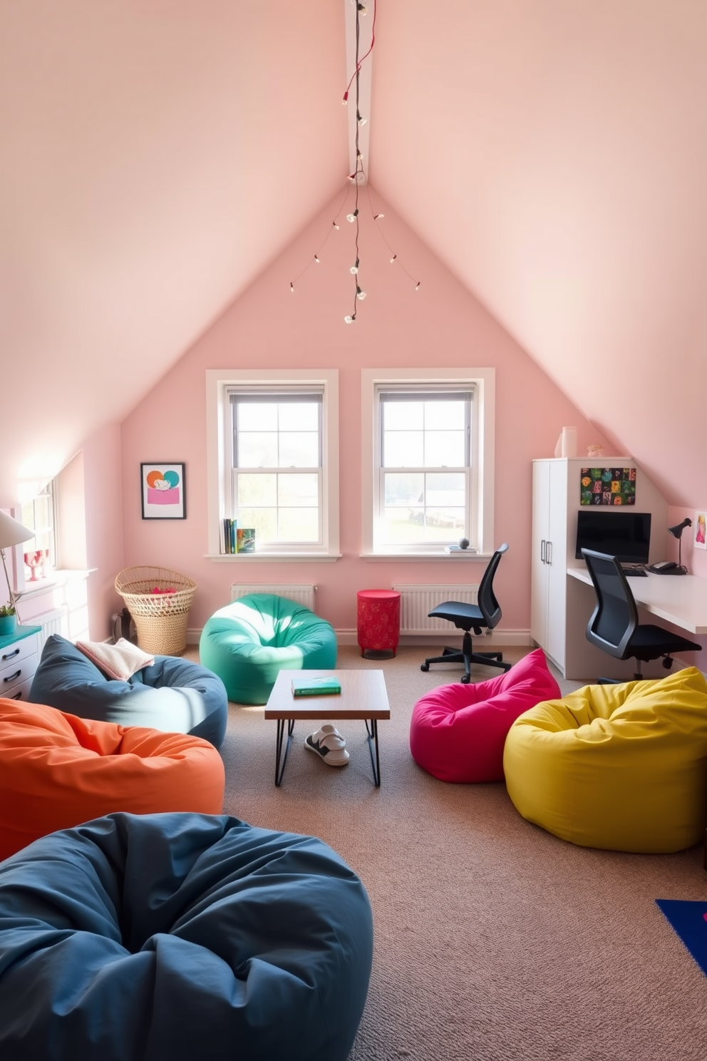 A cozy attic room designed for teenagers features vibrant bean bag chairs scattered around a low coffee table, creating an inviting space for relaxation and socializing. The walls are painted in a cheerful color, and large windows allow natural light to flood the room, enhancing the playful atmosphere. The room includes a study nook with a sleek desk and ergonomic chair, ideal for homework and creative projects. Decorative string lights and colorful wall art add a touch of personality, making it a perfect retreat for a teenager.