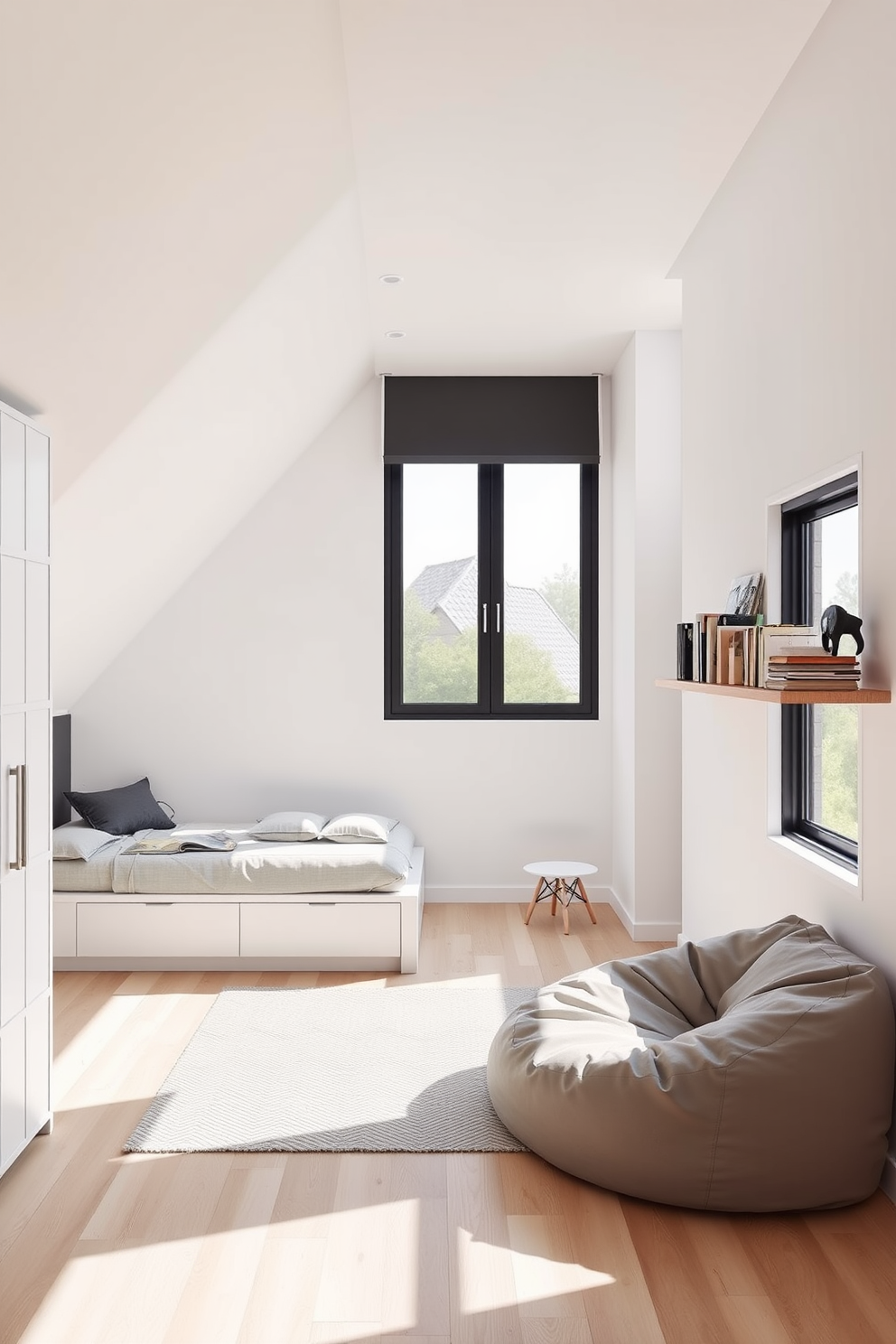 A sleek minimalist design for a teenager's attic room features clean lines and a neutral color palette, creating a spacious and airy atmosphere. A low-profile bed with built-in storage sits against one wall, while a small desk with a simple chair provides a dedicated study area. Large windows allow natural light to flood the space, highlighting the light wood flooring and white walls. A cozy reading nook with a plush bean bag and a few floating shelves for books completes the inviting ambiance.