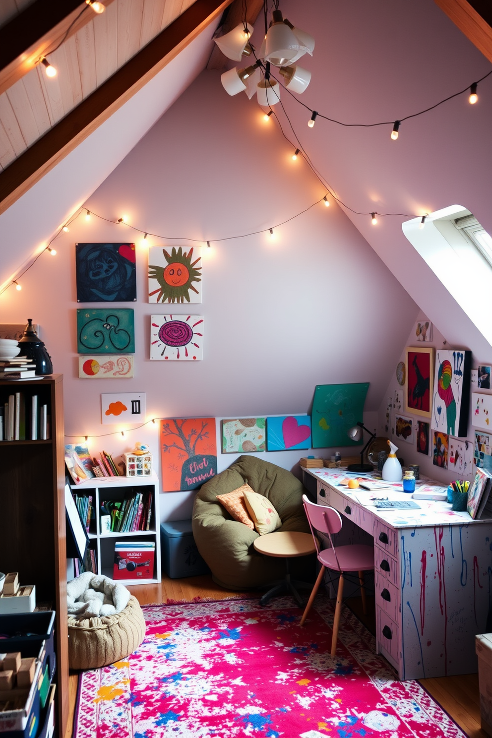 A creative teenager's attic room filled with DIY art projects as decor. The walls are adorned with colorful, handmade canvases, and string lights add a warm glow to the space. The room features a cozy reading nook with a bean bag chair and a small bookshelf filled with art supplies. A desk covered in paint splatters serves as a workspace for ongoing projects, while a vibrant rug ties the room together.