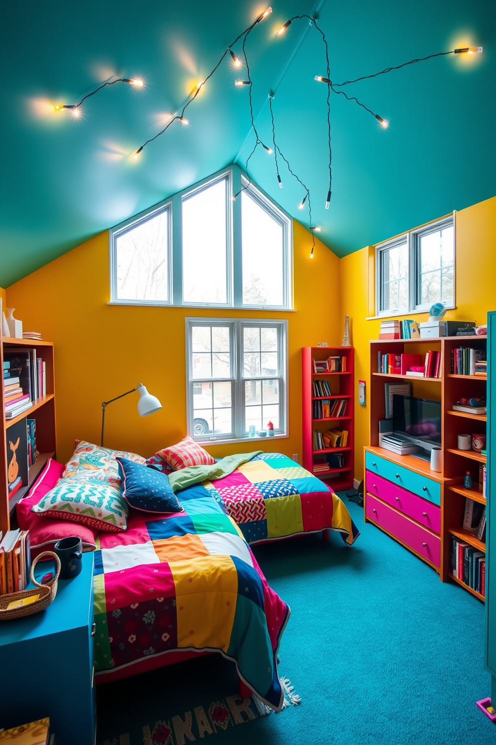 A vibrant teenager's attic room filled with bright colors for a cheerful atmosphere. The walls are painted in a lively turquoise, complemented by a bright yellow accent wall, creating an energizing and playful space. A cozy bed with a colorful patchwork duvet sits against the wall, surrounded by shelves filled with books and personal mementos. Large windows let in ample natural light, while playful string lights add a whimsical touch to the ceiling, enhancing the room's cheerful vibe.