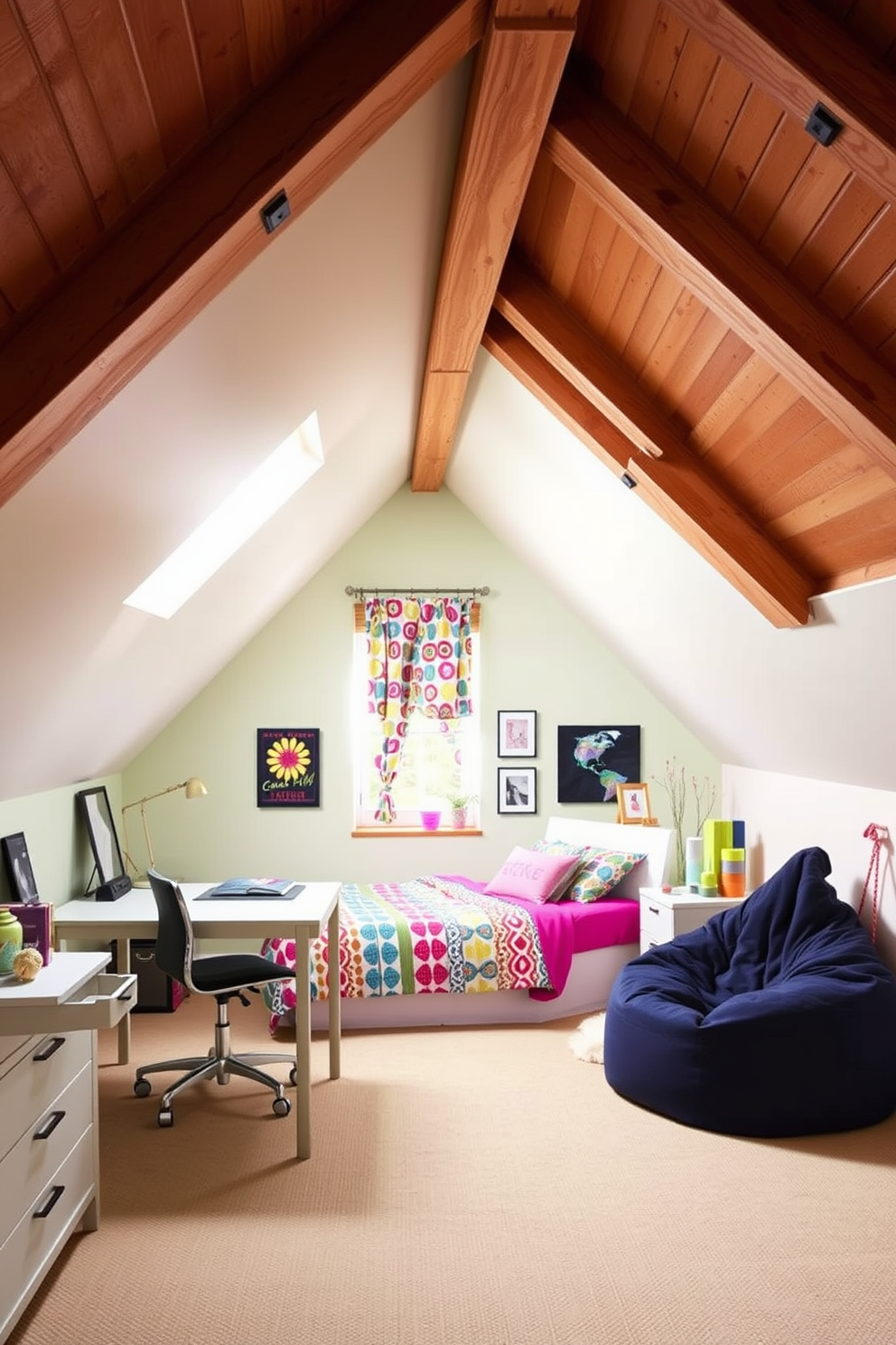 A vibrant attic room designed for a teenager, featuring funky patterned curtains that add a splash of color and character to the space. The walls are painted in a soft pastel hue, while the ceiling showcases exposed wooden beams, creating a cozy yet stylish atmosphere. The room includes a comfortable bed adorned with colorful bedding, a study area with a sleek desk, and a bean bag chair for relaxation. Decorative elements like wall art and personal memorabilia reflect the teenager's unique personality and interests.