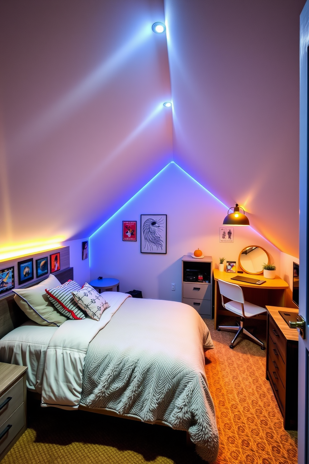 A teenager's attic room designed for both relaxation and study, featuring integrated lighting that creates a cozy glow throughout the space. The walls are adorned with colorful artwork, and a comfortable bed with plush bedding sits beneath the sloped ceiling, while a stylish desk area is illuminated by a warm pendant light.