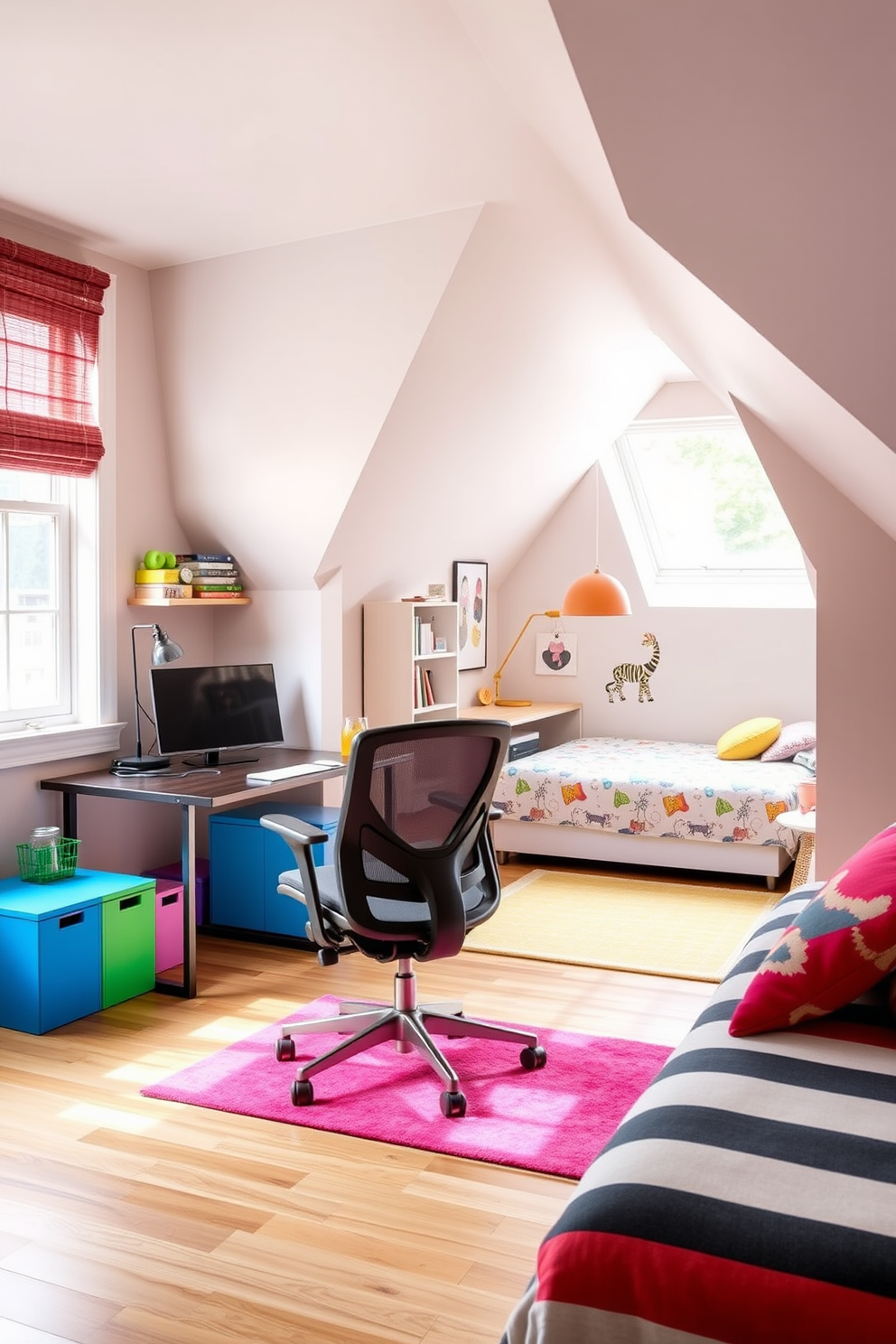 A vibrant teen-friendly workspace filled with natural light. The desk is sleek and modern, accompanied by a comfortable ergonomic chair and colorful storage solutions. A cozy attic room designed for a teenager's retreat. The space features a stylish bed with playful bedding, a study nook with a desk, and ample shelving for books and personal items.