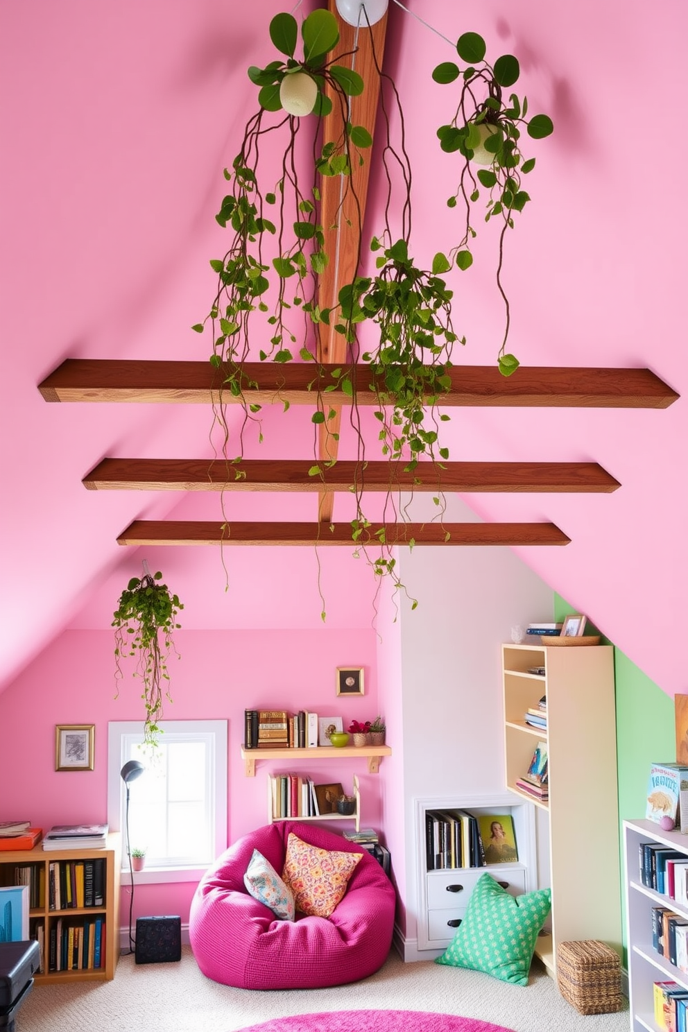 A whimsical attic room designed for a teenager, featuring fun ceiling decor with hanging plants that cascade down from wooden beams. The walls are painted in a vibrant color, and a cozy reading nook is created with a bean bag chair and colorful cushions, surrounded by shelves filled with books and personal treasures.