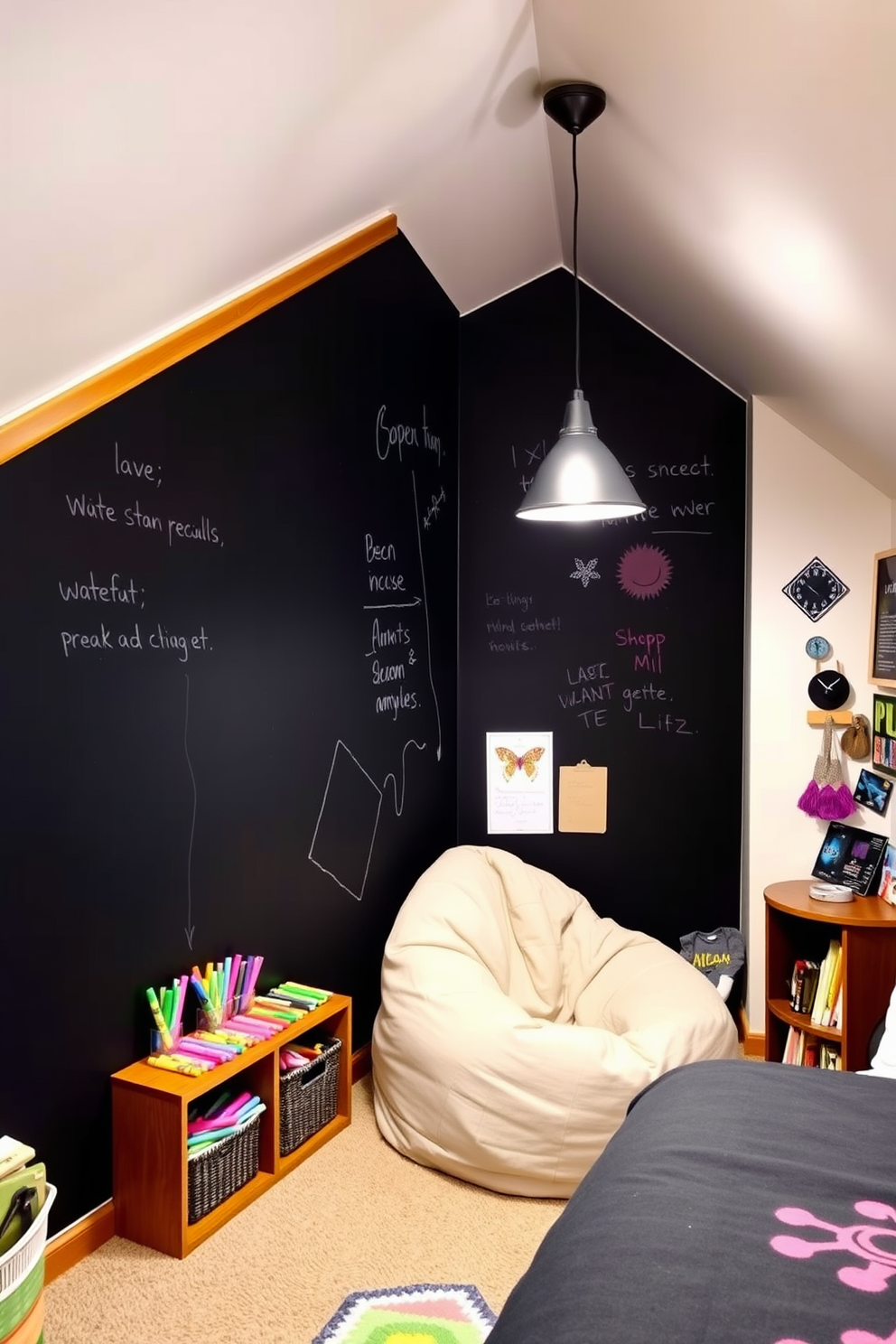 A chalkboard wall stretches across one side of the attic room, providing a large canvas for creativity and notes. The wall is framed with wooden trim, and colorful chalks are neatly arranged on a small ledge below, inviting artistic expression. The room features a cozy nook with a plush bean bag and a small desk for studying, illuminated by a stylish pendant light. A mix of vibrant decor and personal memorabilia showcases the teenager's personality, making the space both functional and inviting.