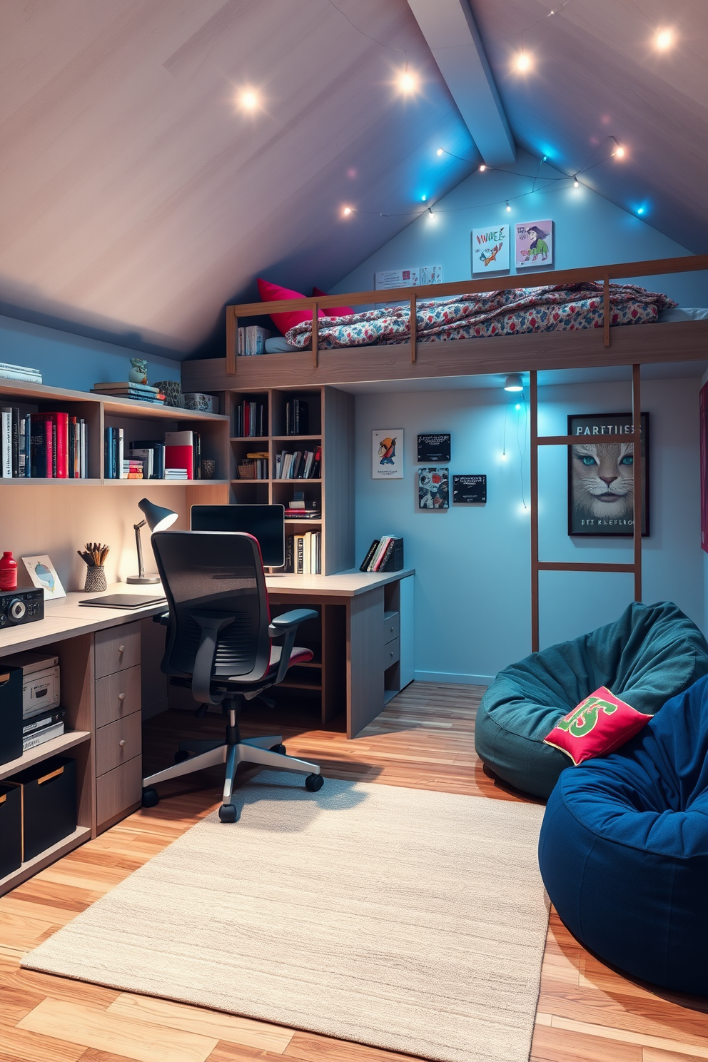 A cozy study corner with ergonomic seating. The space features a sleek, modern desk paired with a comfortable, adjustable chair, surrounded by shelves filled with books and personal items. A stylish teenager's attic room designed for relaxation and creativity. The room includes a lofted bed with colorful bedding, a dedicated study area, and bean bags for lounging, all accented by vibrant wall art and fairy lights.