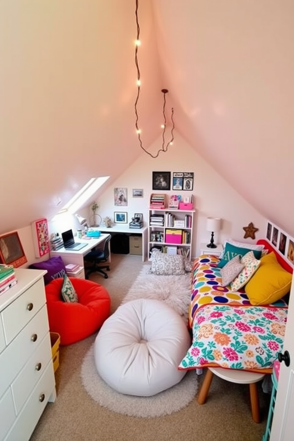 A cozy and vibrant attic room designed for a teenager, featuring a mix of bold colors and personal decor elements. The space is filled with eclectic furniture, including a bean bag chair, a desk for studying, and a bed adorned with colorful bedding that reflects the teen's personality. The walls are painted in a soft pastel hue, creating a calming backdrop for the lively decor. String lights hang from the ceiling, adding a warm glow, while shelves showcase books, photos, and treasured items that express the teen's unique style.