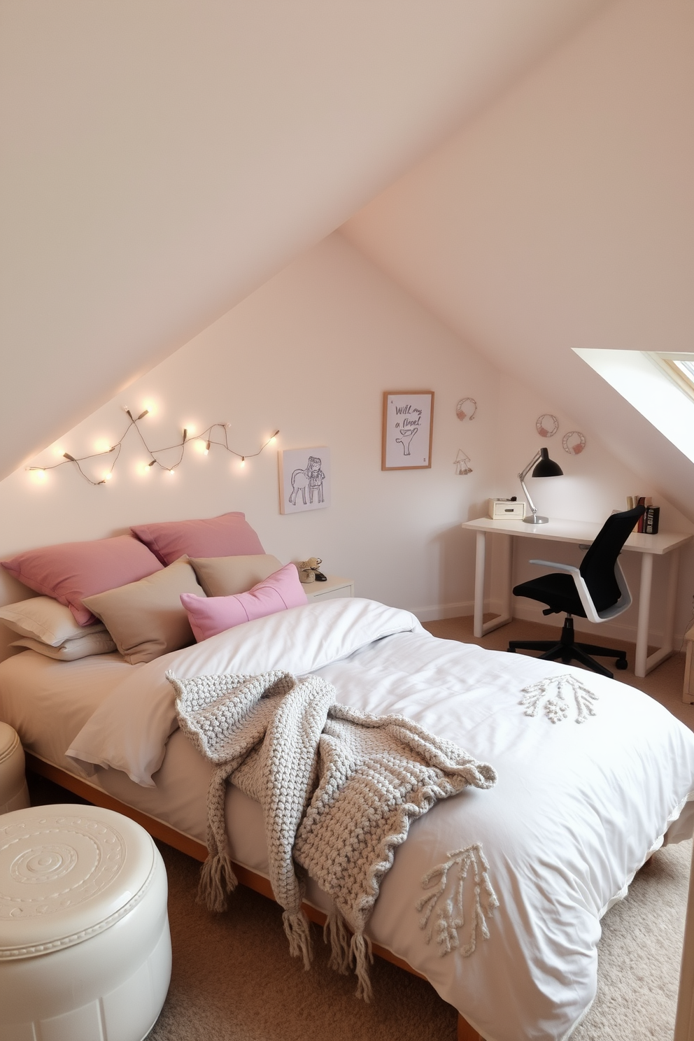 A cozy attic room designed for a teenager, featuring soft, layered bedding in muted pastel colors. The bed is adorned with plush pillows and a chunky knit throw, creating an inviting and stylish focal point. The walls are painted a light, airy color, complemented by whimsical wall art and fairy lights for a playful touch. A small study area with a sleek desk and ergonomic chair is tucked under a slanted ceiling, maximizing space while maintaining a trendy aesthetic.