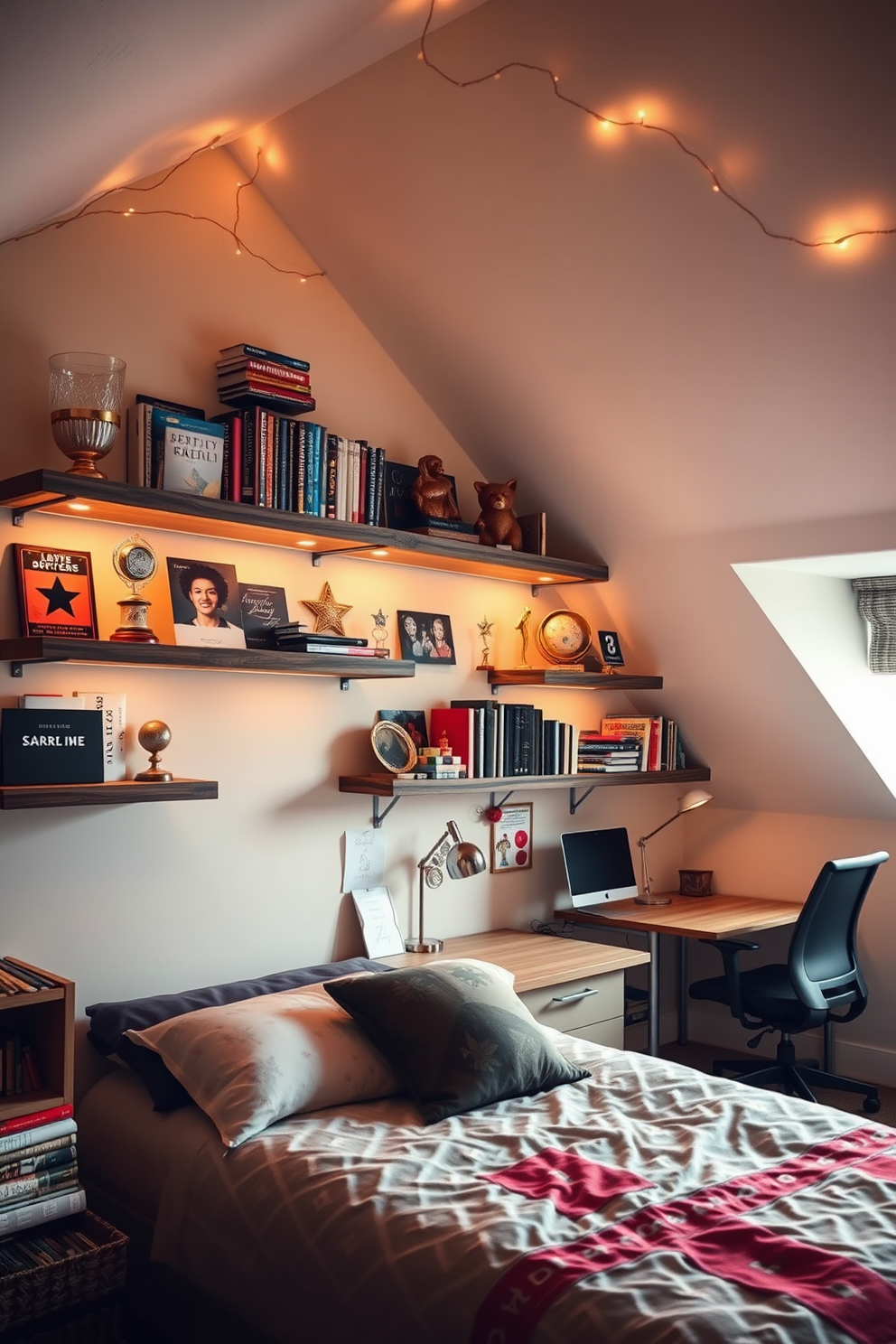 A cozy teenager's attic room features wall-mounted shelves that elegantly display a collection of treasured books, trophies, and personal mementos. The shelves are made of reclaimed wood, adding warmth to the space, while soft lighting highlights the items, creating an inviting atmosphere. The design incorporates a comfortable bed with colorful bedding, positioned under a slanted ceiling adorned with fairy lights. A study nook with a stylish desk and ergonomic chair is placed near a window, providing a perfect spot for homework and creativity.