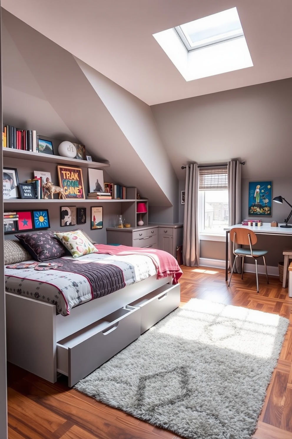 A stylish teenager's attic room features a cozy bed with built-in under-bed storage drawers, maximizing space while keeping the room tidy. The walls are adorned with vibrant artwork and shelves filled with books and decorative items, creating a personalized and inspiring atmosphere. The room is illuminated by natural light streaming through a skylight, and a plush area rug adds warmth to the wooden floor. A study nook with a sleek desk and comfortable chair is positioned near the window, providing a perfect spot for homework and creative projects.