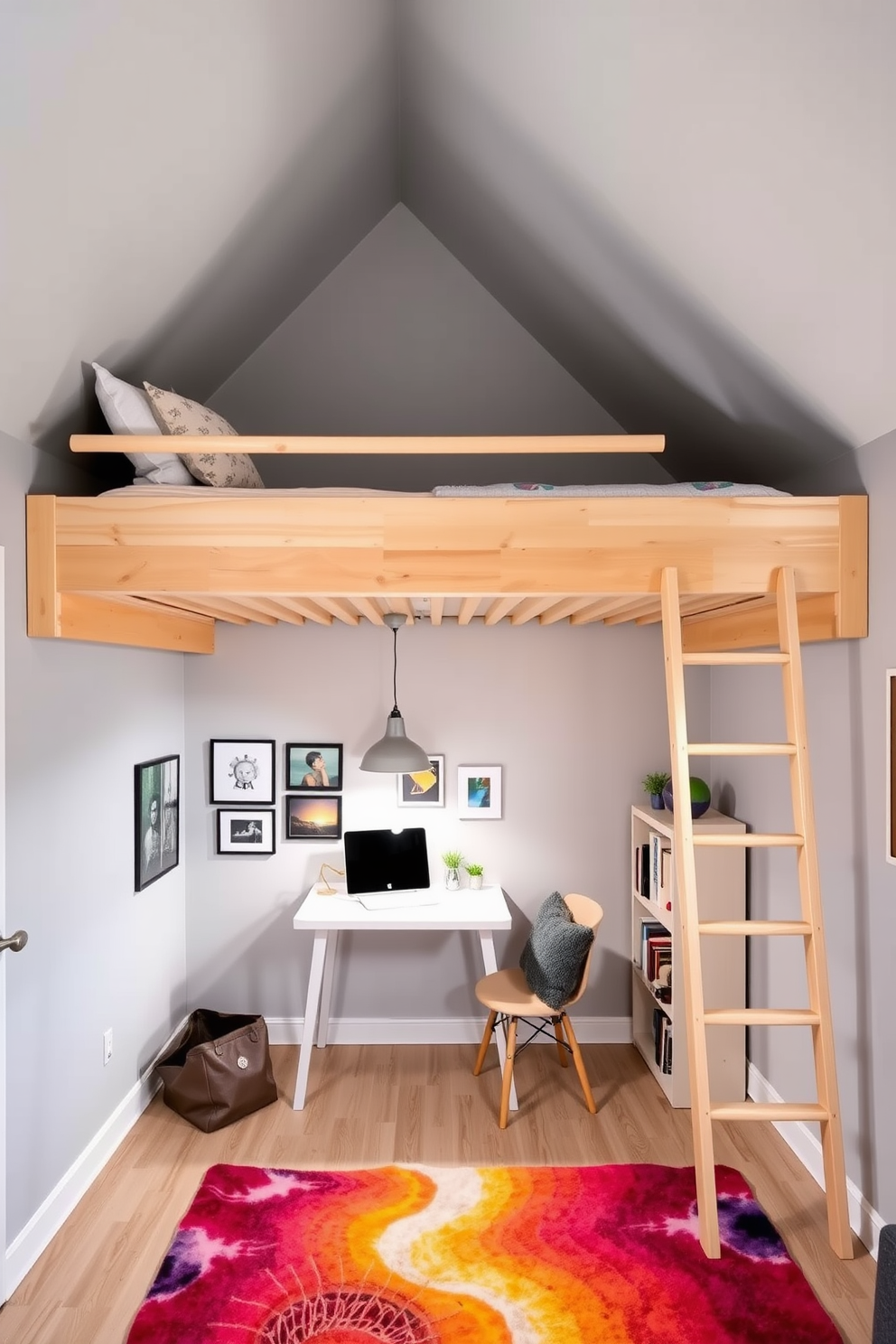 A modern loft bed is positioned against the slanted ceiling, crafted from light wood with a sleek design. Underneath, a cozy study area features a minimalist desk and a comfortable chair, illuminated by a stylish pendant light. The walls are painted in a soft gray, adorned with colorful artwork and personal photos. A plush rug in vibrant hues adds warmth to the space, while a small bookshelf holds an array of books and decorative items.